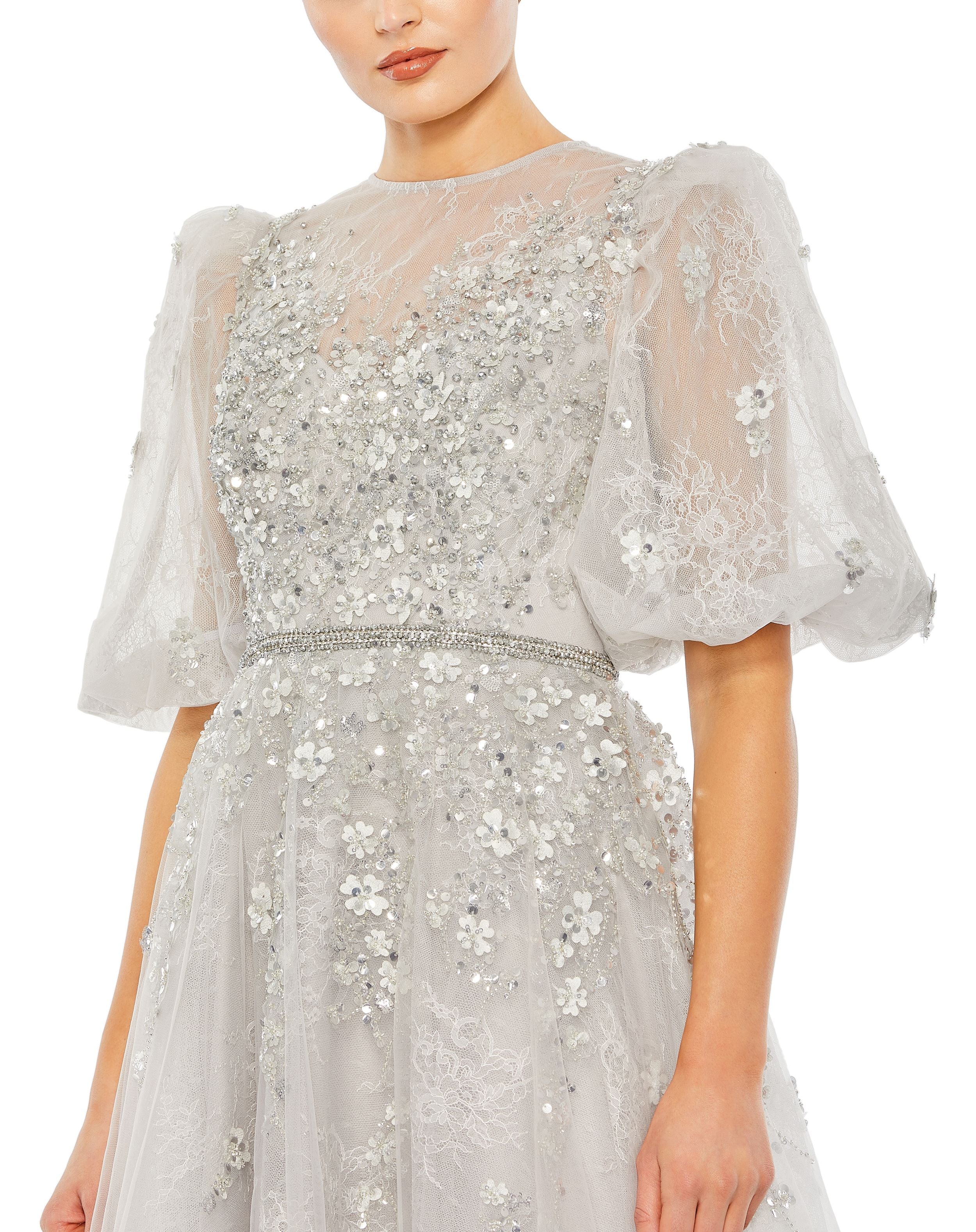 Embellished Puff Sleeve A Line Gown