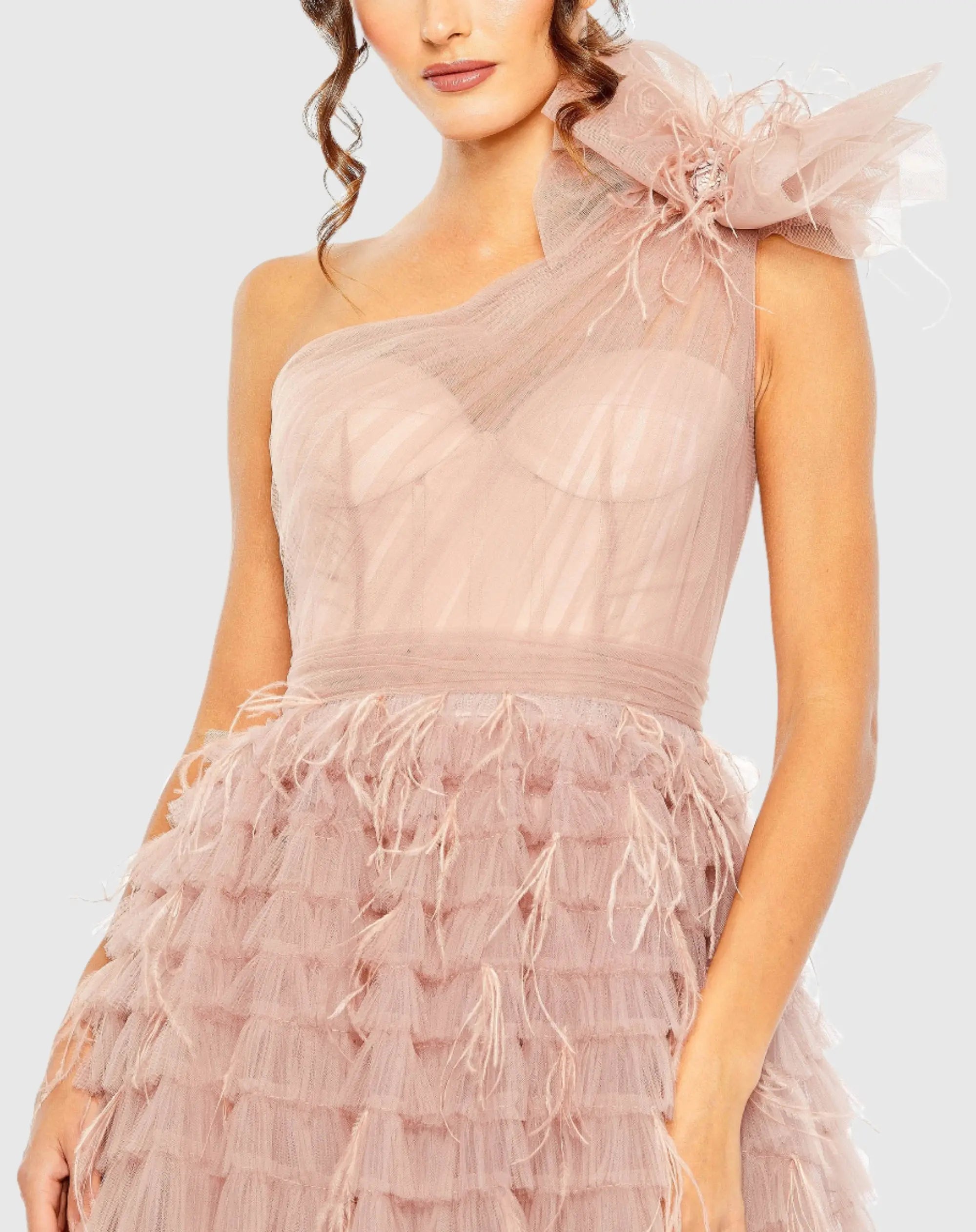 Pink One Shoulder Faux Bow Feather Tiered A Line Gown - Mac Duggal