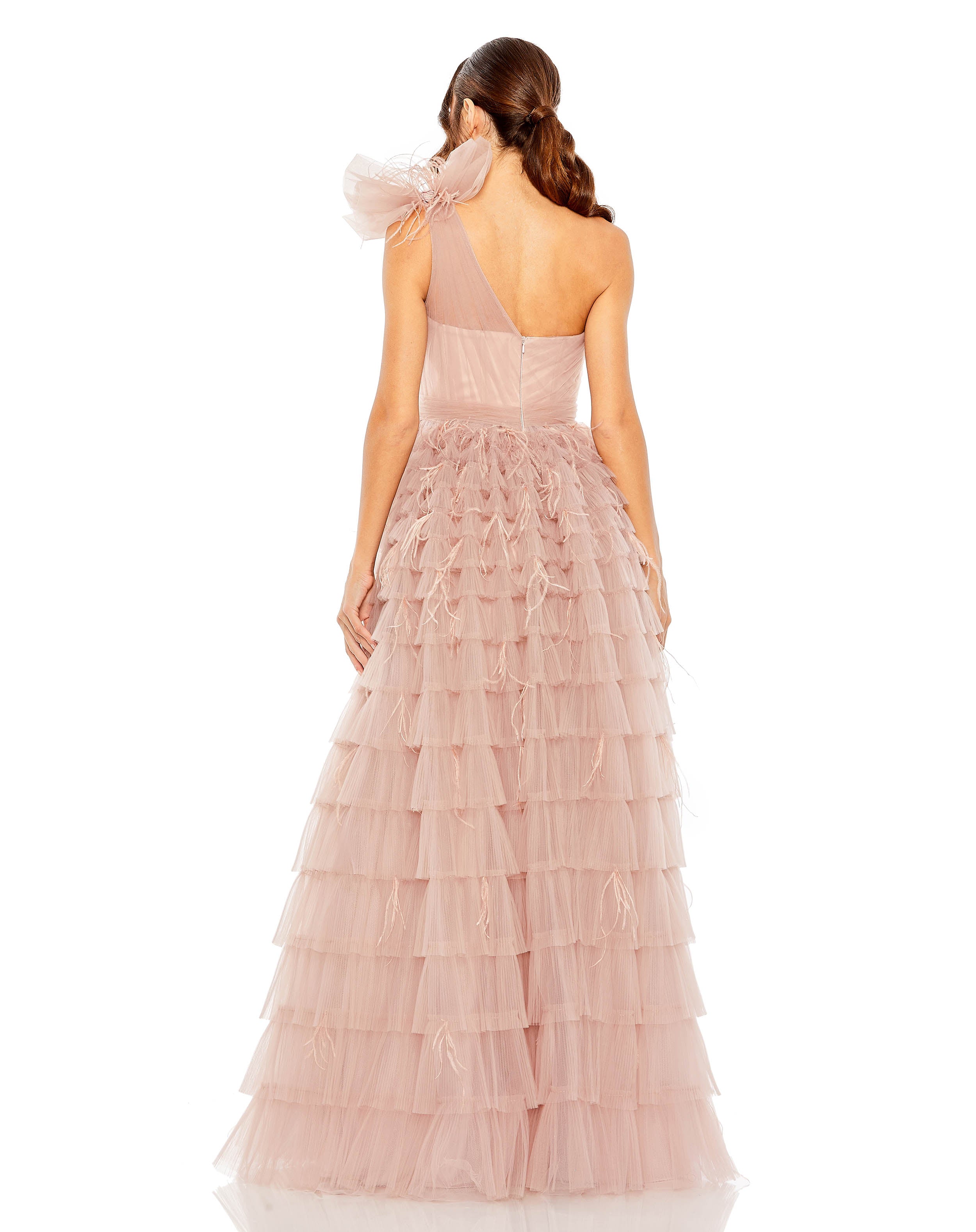 One Shoulder Faux Bow Feather Tiered A Line Gown