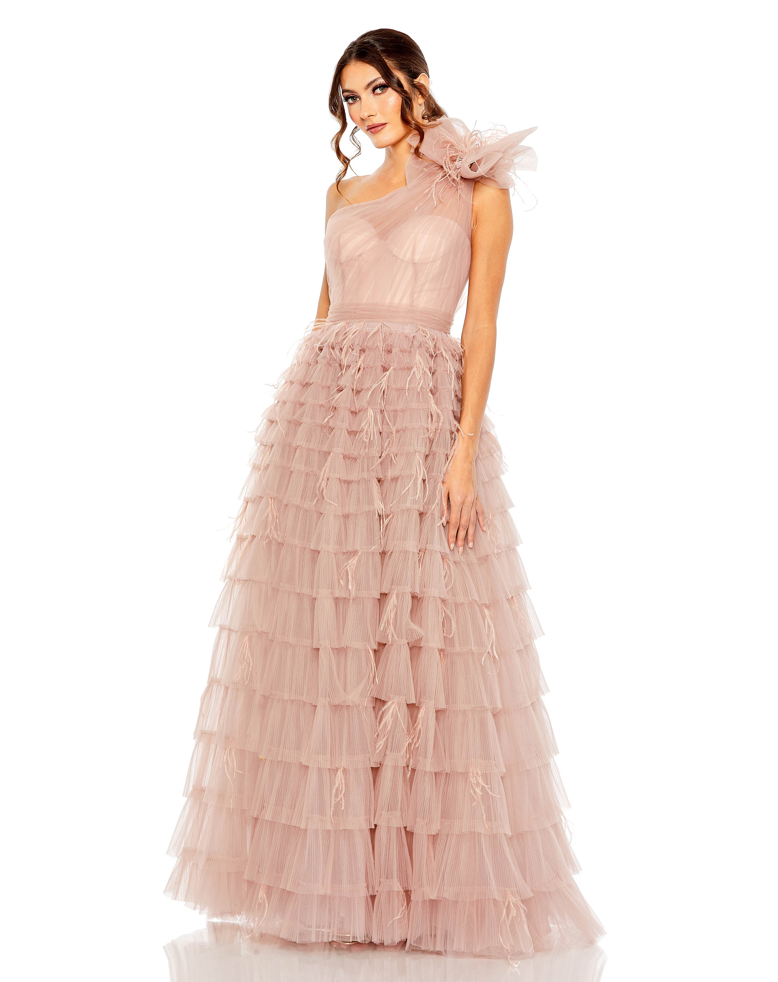 One Shoulder Faux Bow Feather Tiered A Line Gown