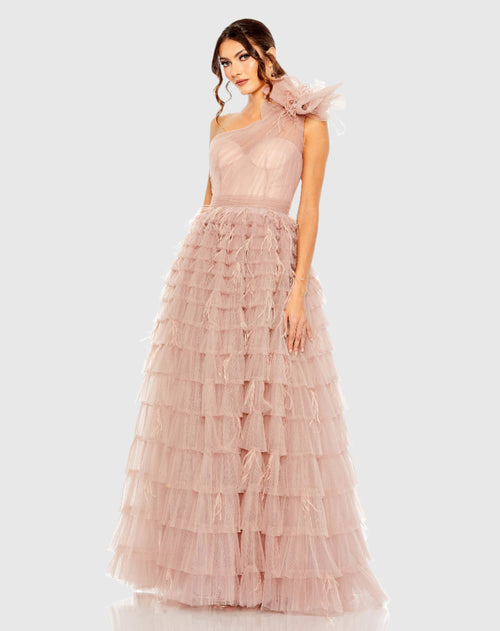 One Shoulder Faux Bow Feather Tiered A Line Gown