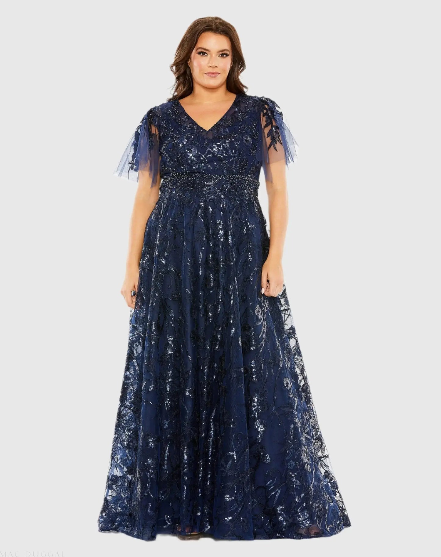 Navy High Neck Flutter Sleeve Embellished A-Line Gown - Mac Duggal