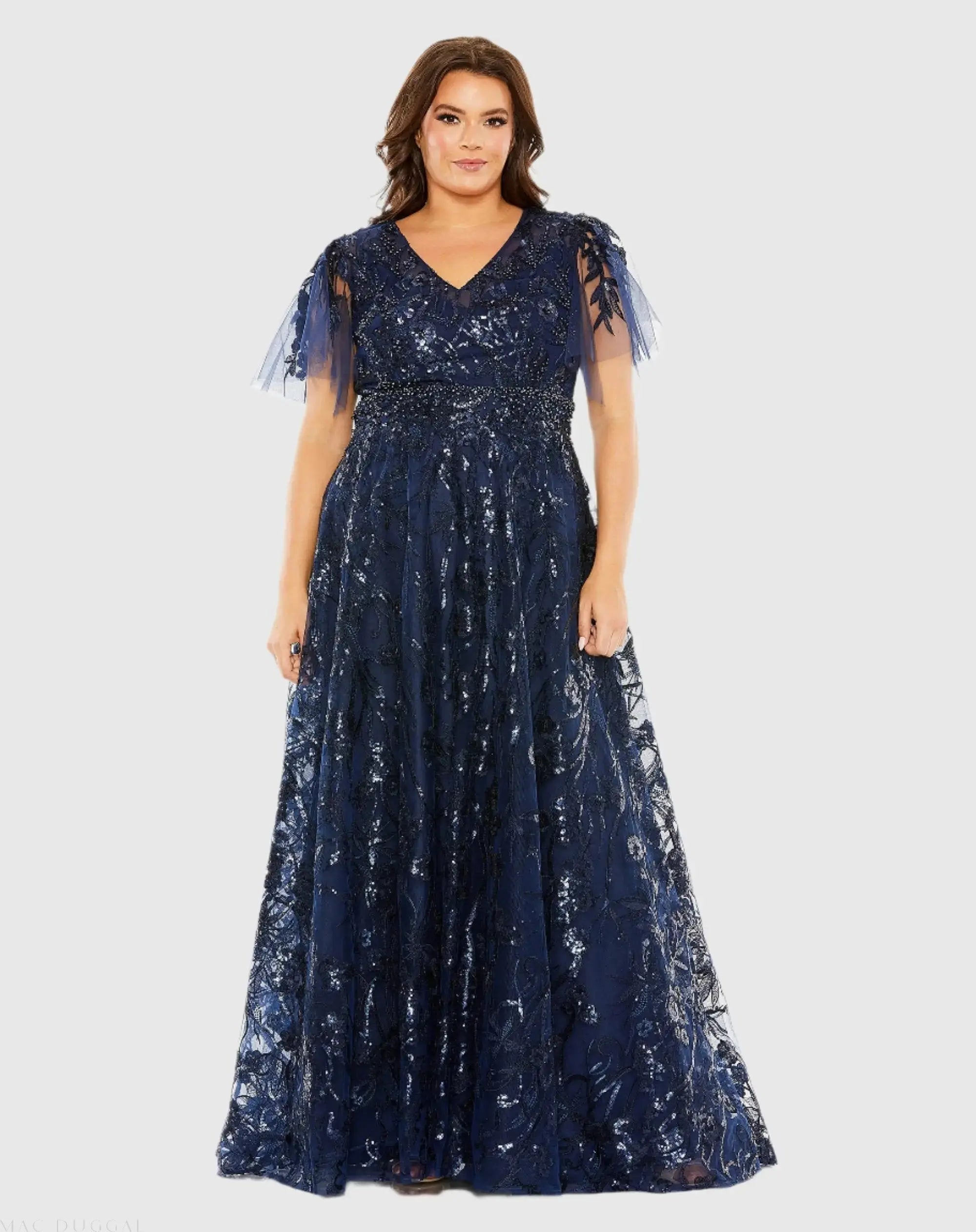 Navy High Neck Flutter Sleeve Embellished A-Line Gown - Mac Duggal