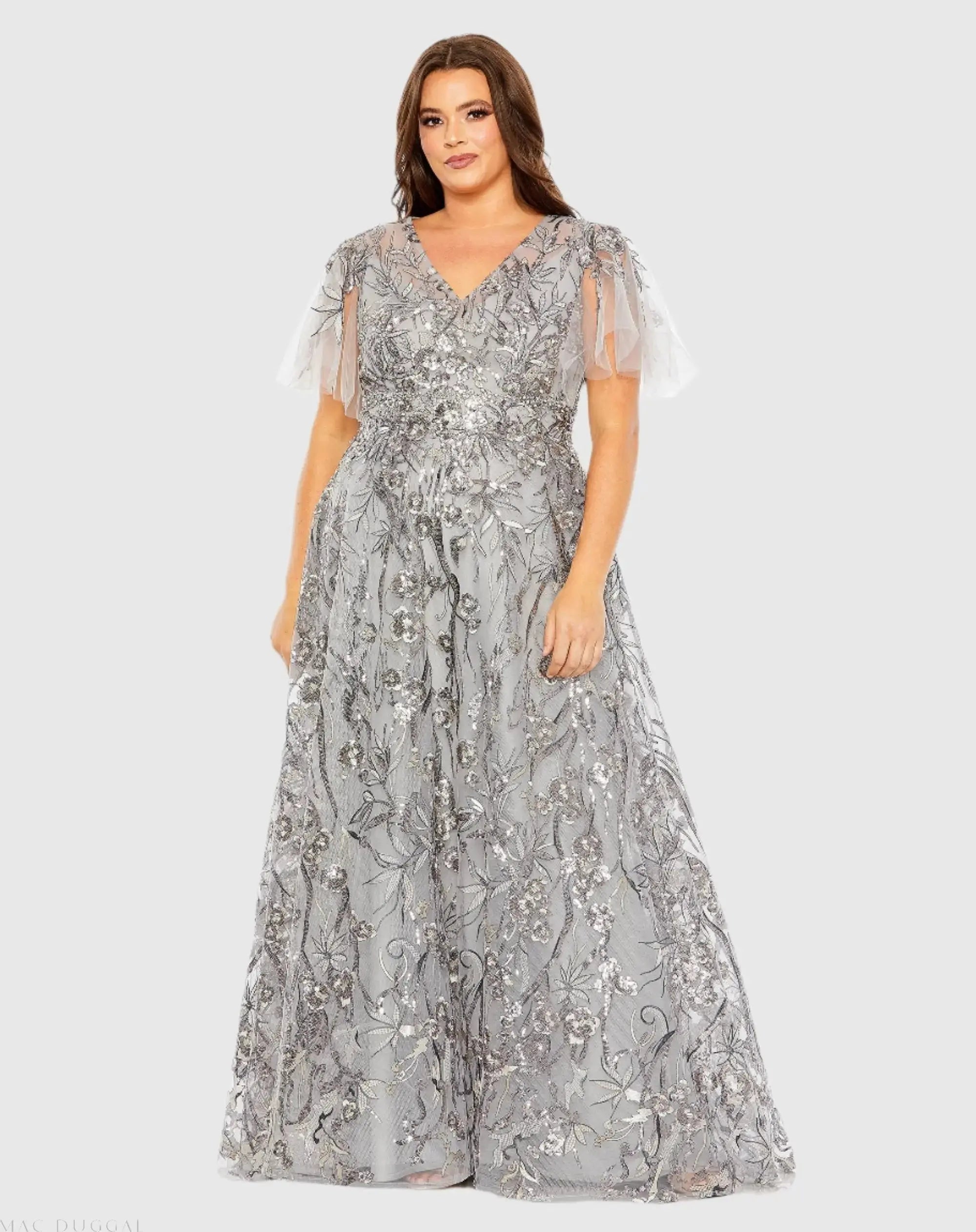 Silver High Neck Flutter Sleeve Embellished A-Line Gown - Mac Duggal