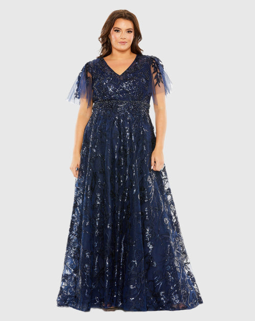 High Neck Flutter Sleeve Embellished A-Line Gown