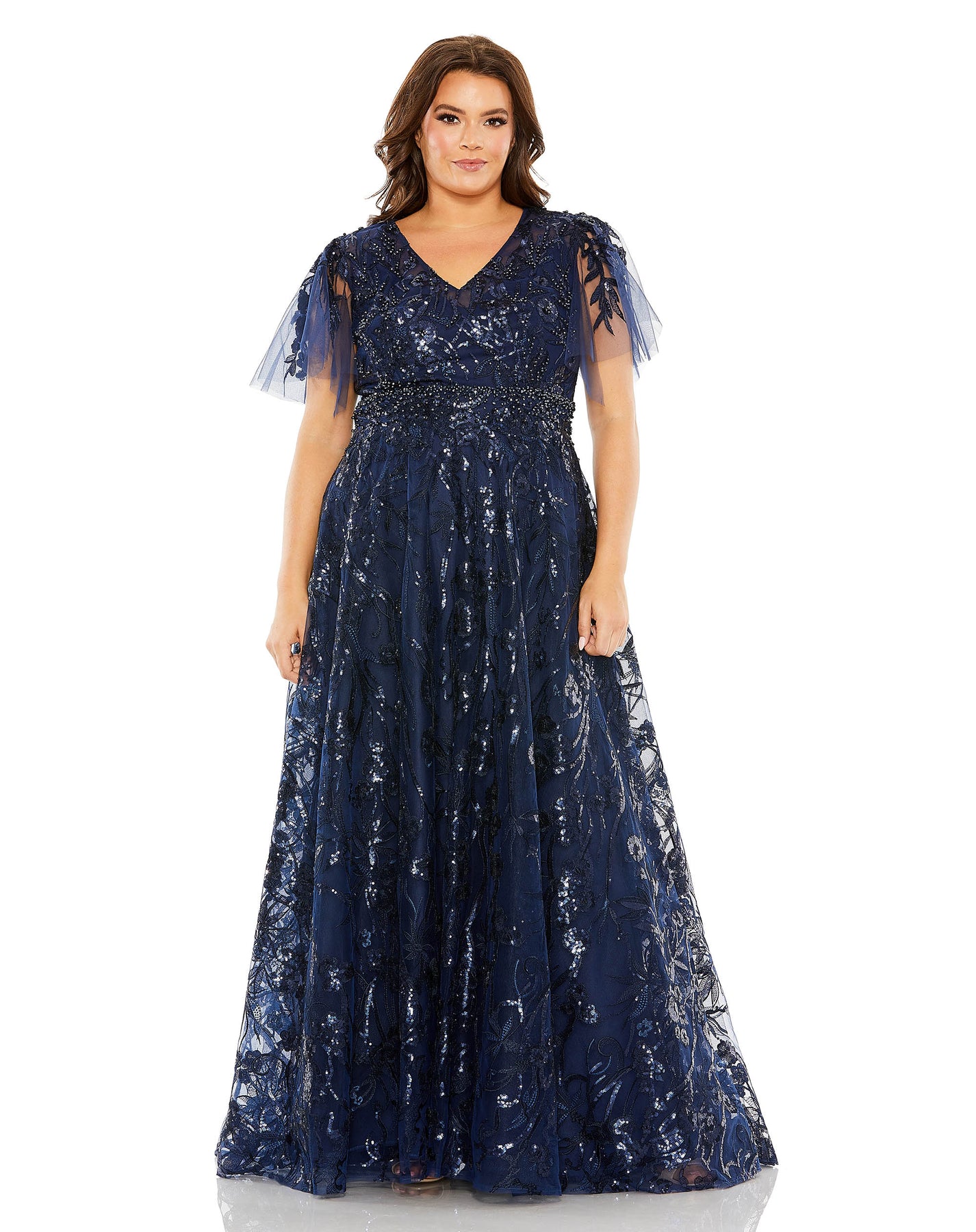 High Neck Flutter Sleeve Embellished A-Line Gown – Mac Duggal