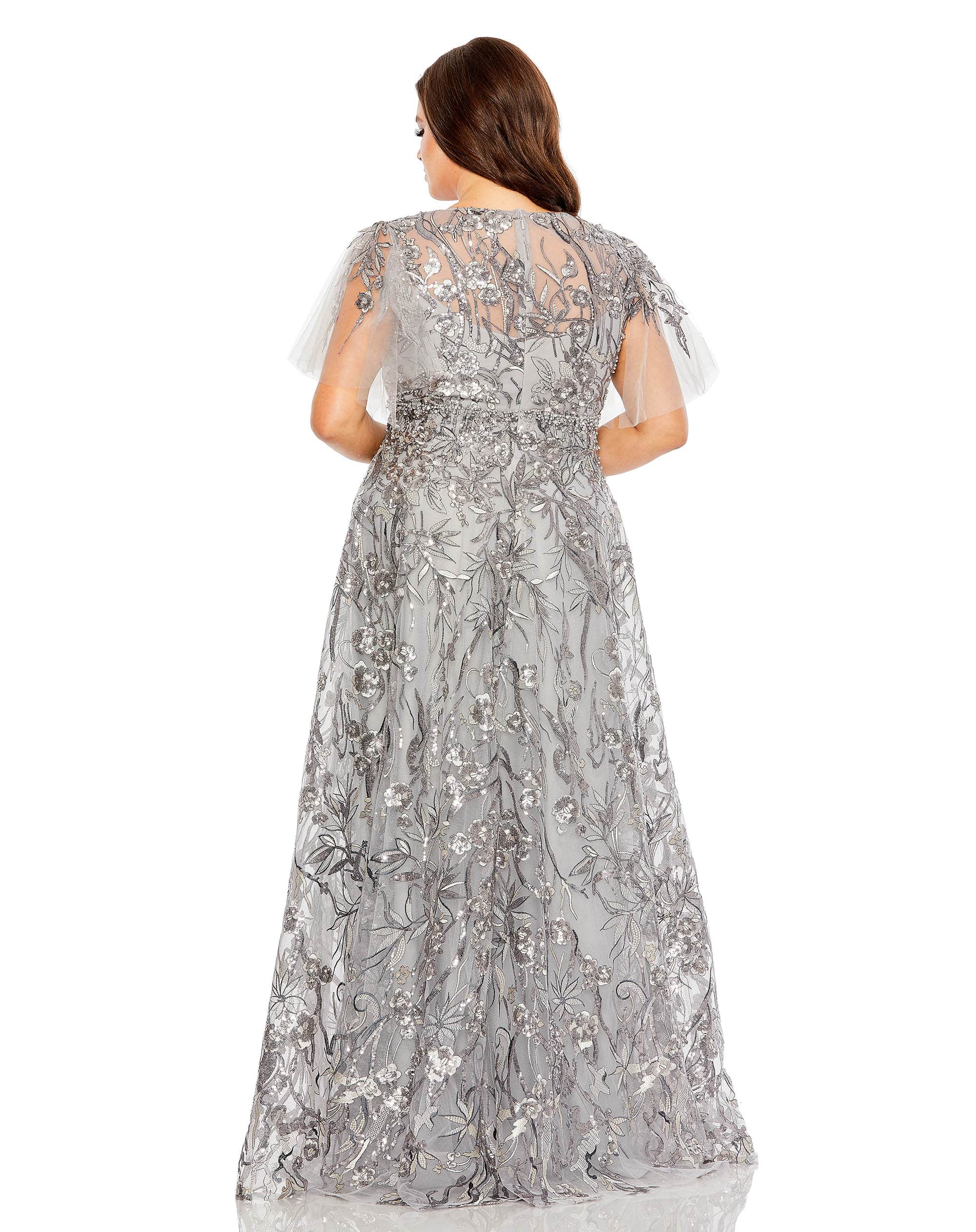 High Neck Flutter Sleeve Embellished A-Line Gown