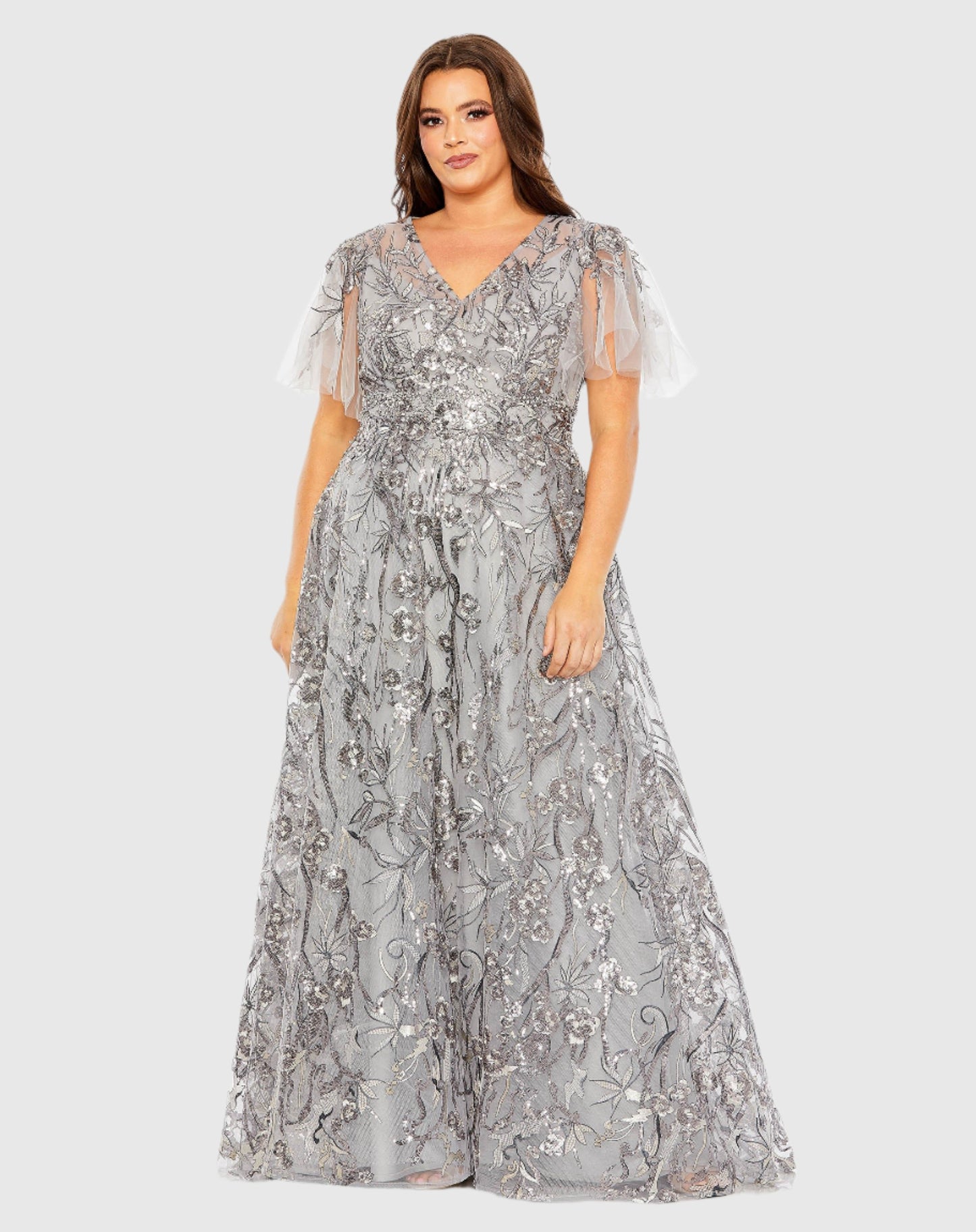 High Neck Flutter Sleeve Embellished A-Line Gown