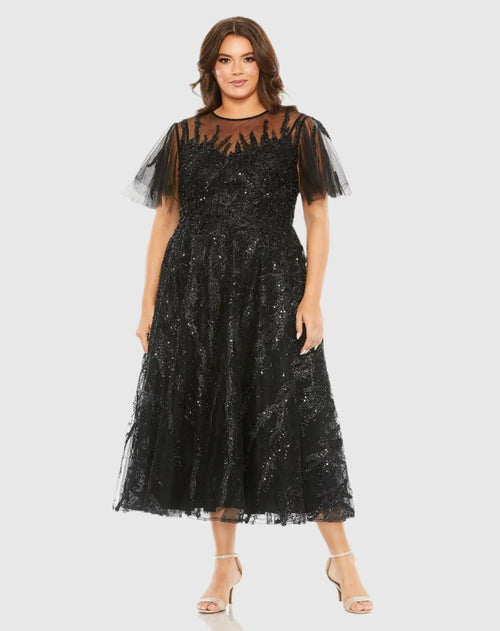 Black High Neck Flutter Sleeve A Line Embellished Dress - Mac Duggal
