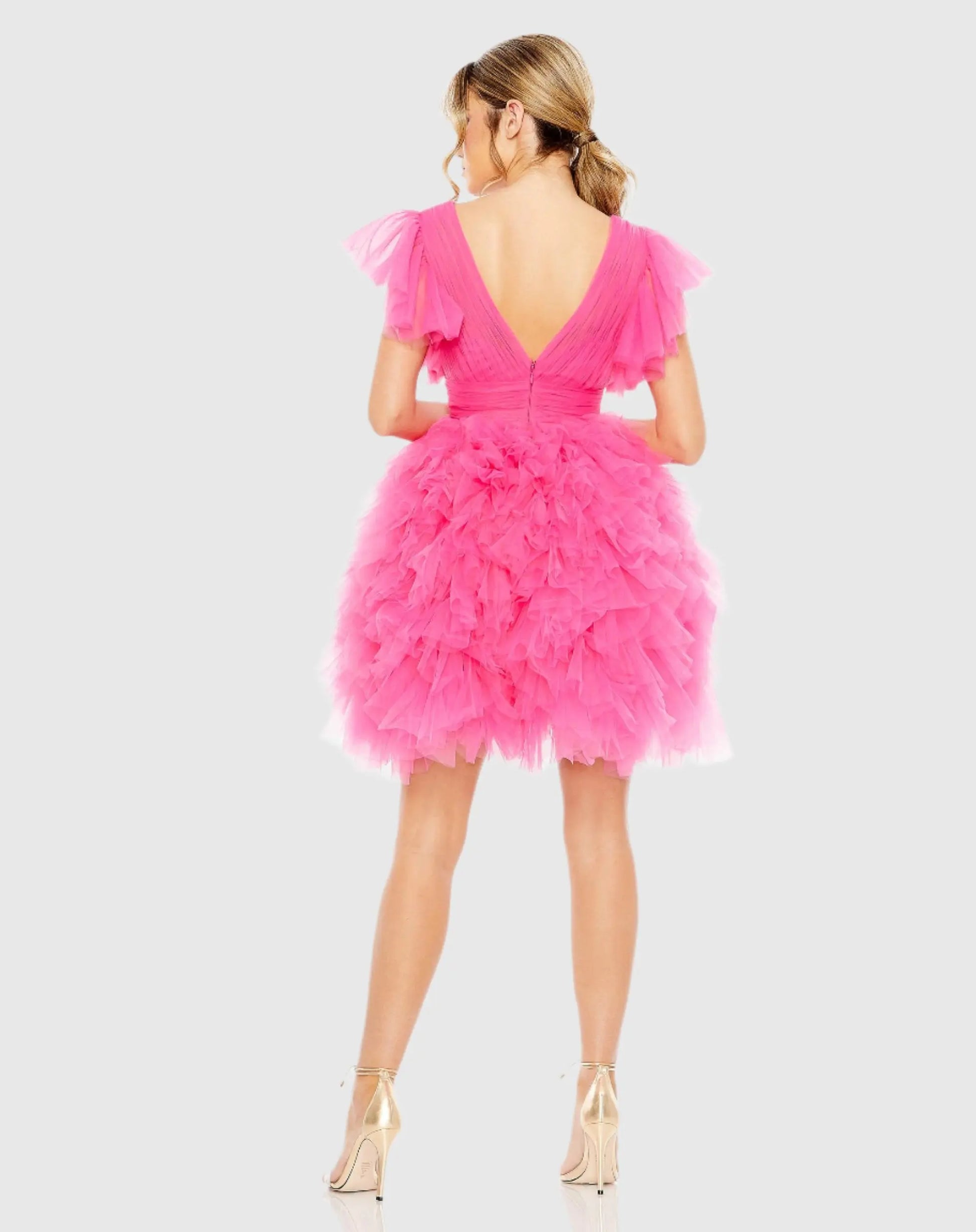 Pink Flutter Ruffle Sleeve Tiered Dress - Mac Duggal