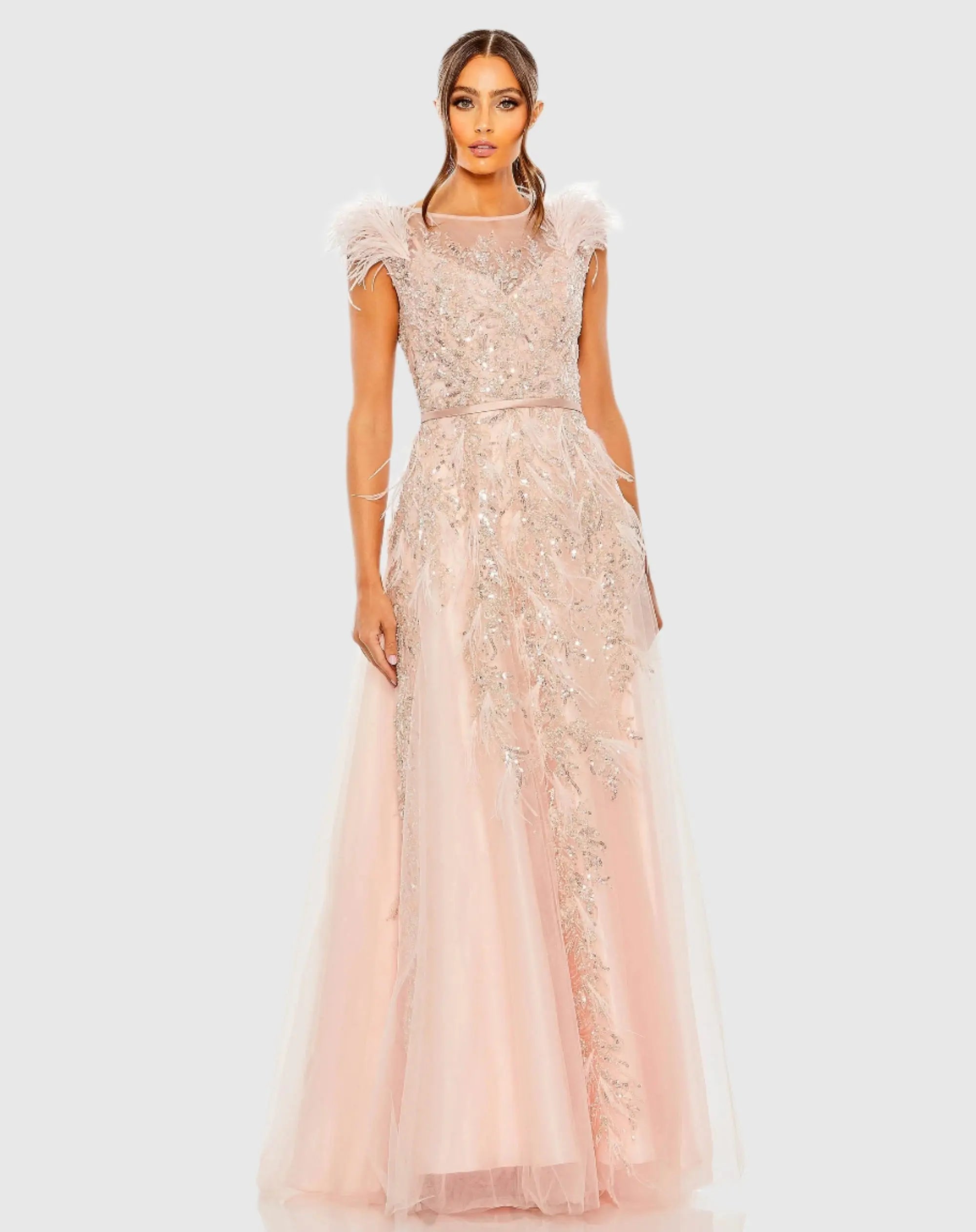 Pink High Neck Feather Detail Beaded Gown - Mac Duggal
