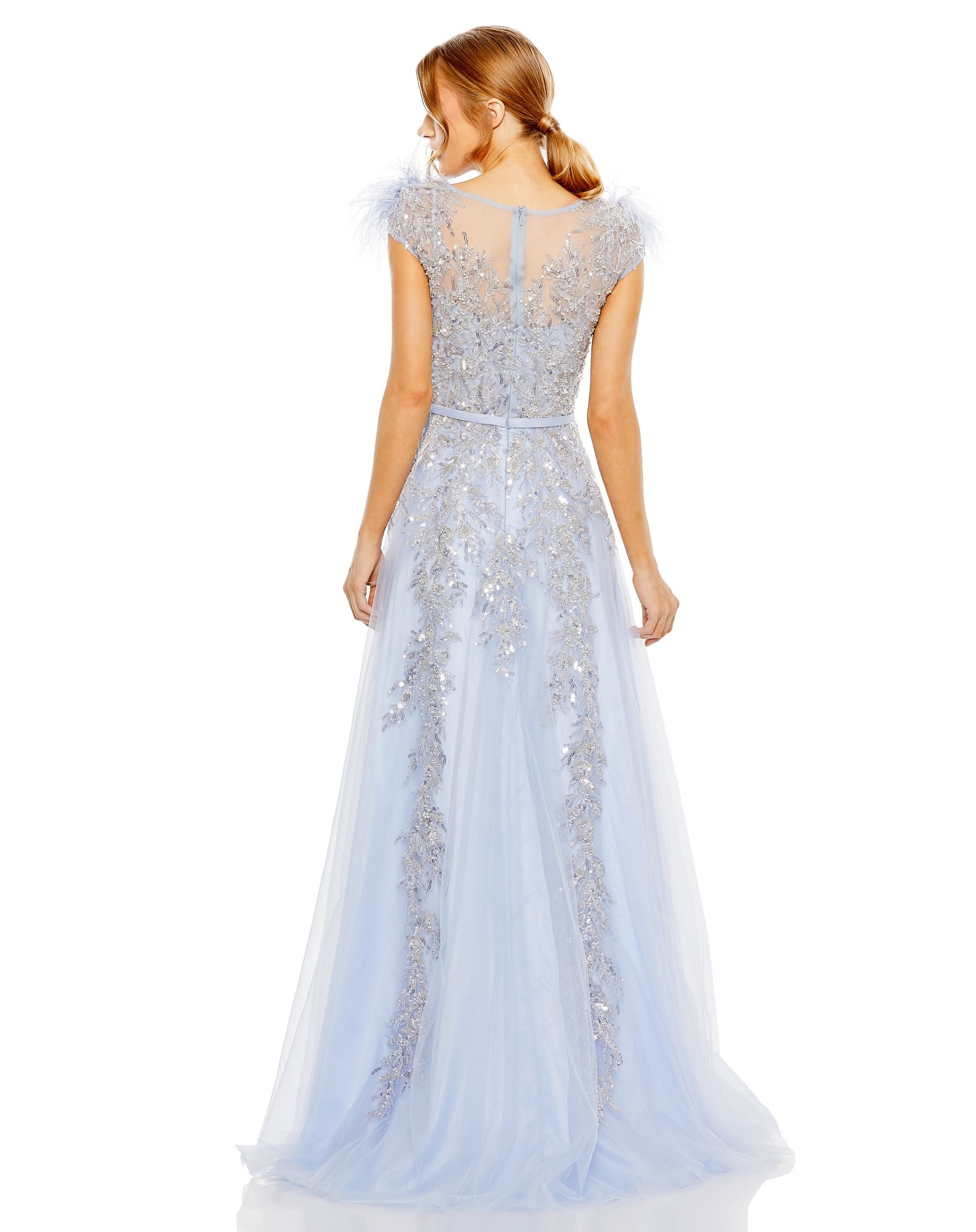 High Neckline Feather Detail Beaded Gown