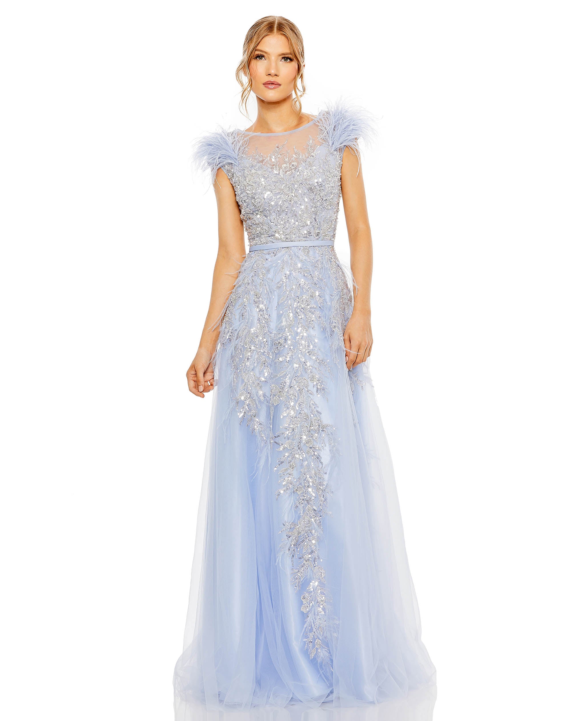 High Neck Feather Detail Beaded Gown