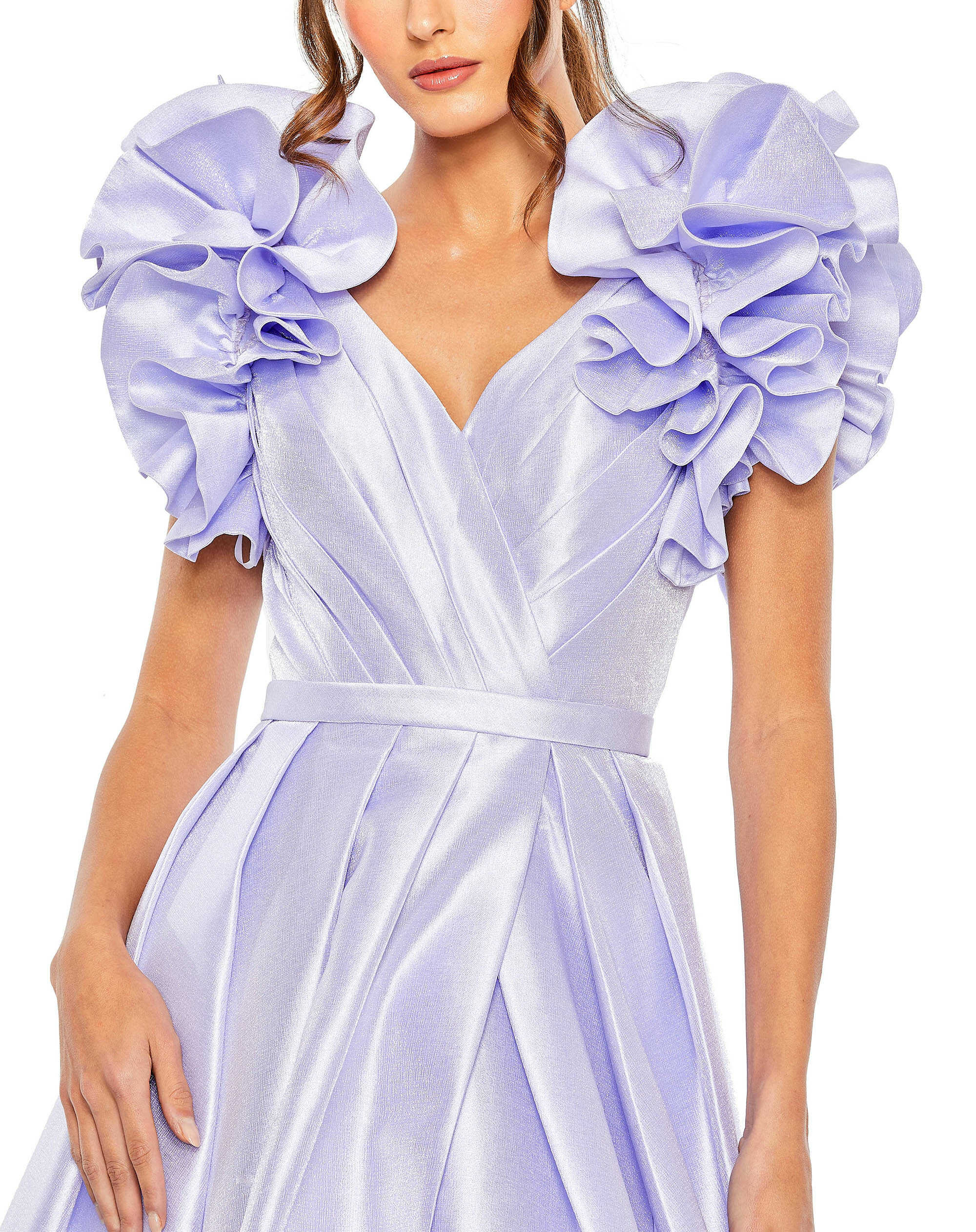 V-Neckline Flutter Sleeve Ball Gown with Slit