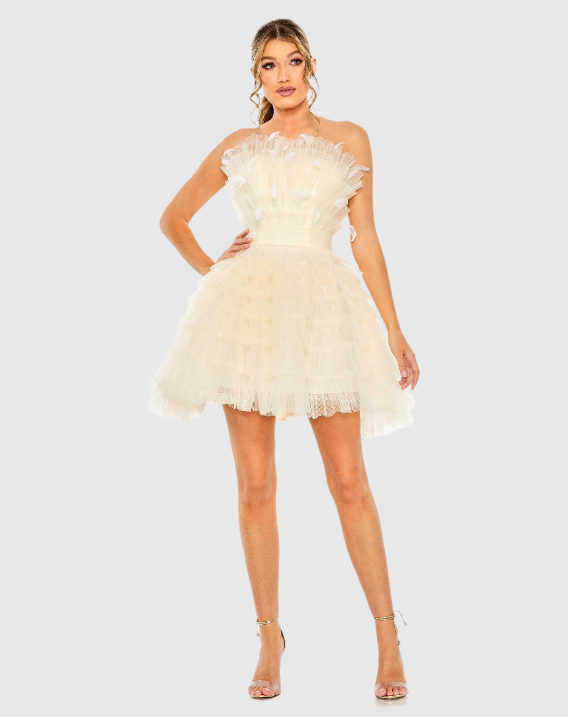 Feathered Strapless Tulle Fit and Flare Dress