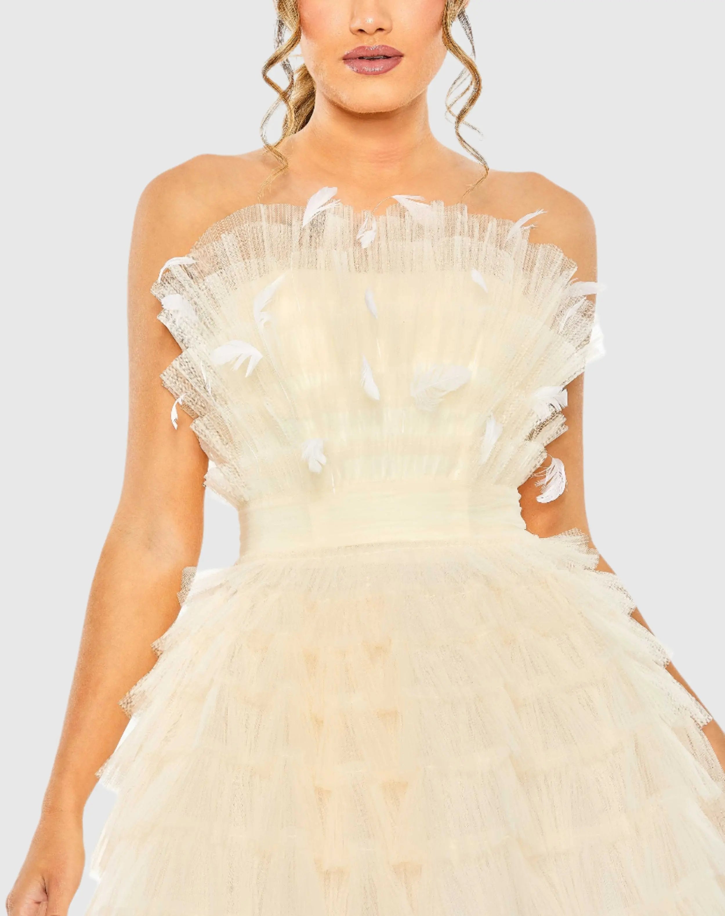 Feathered Strapless Tulle Fit and Flare Dress - FINAL SALE - Mac Duggal