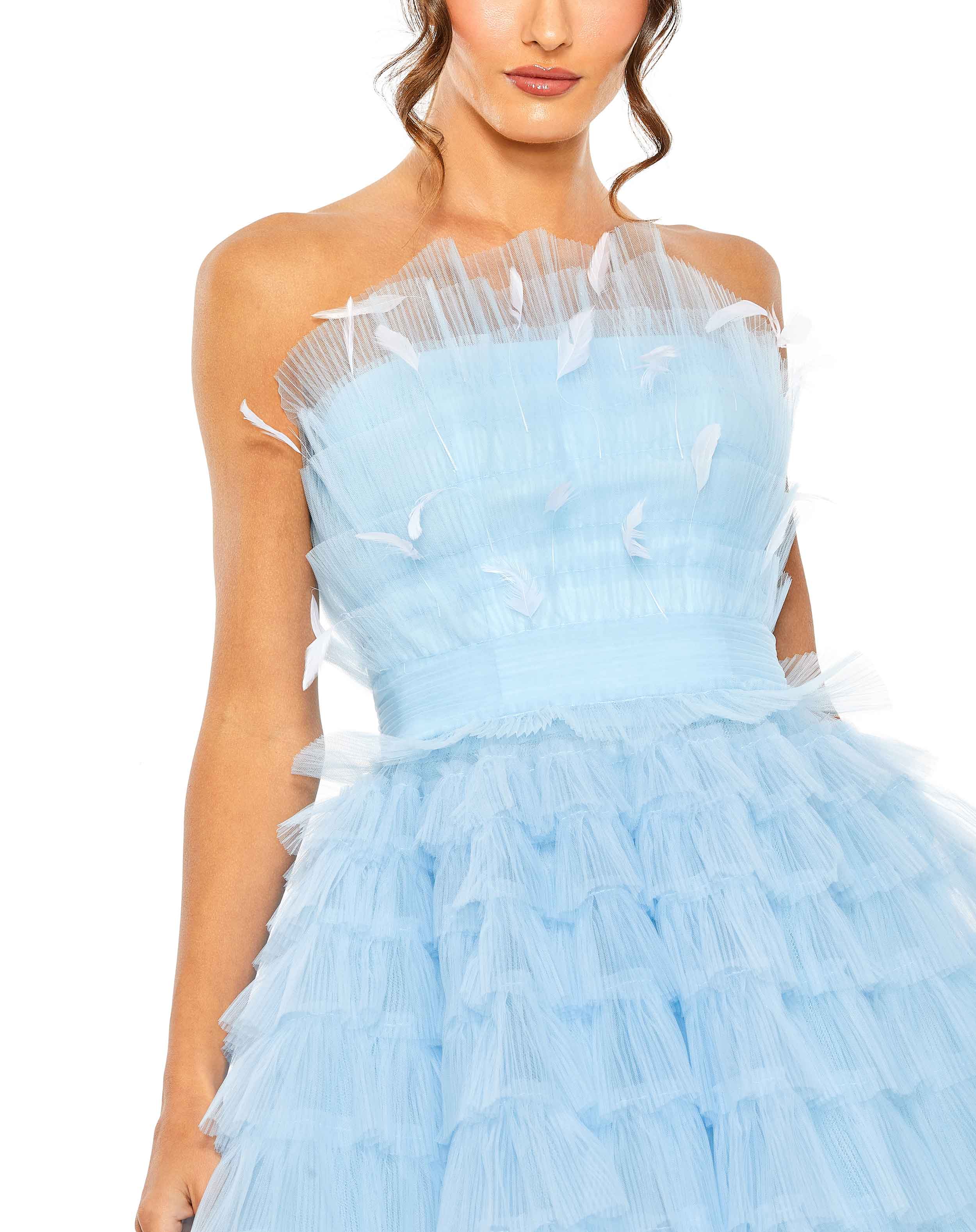 Feathered Strapless Tulle Fit and Flare Dress