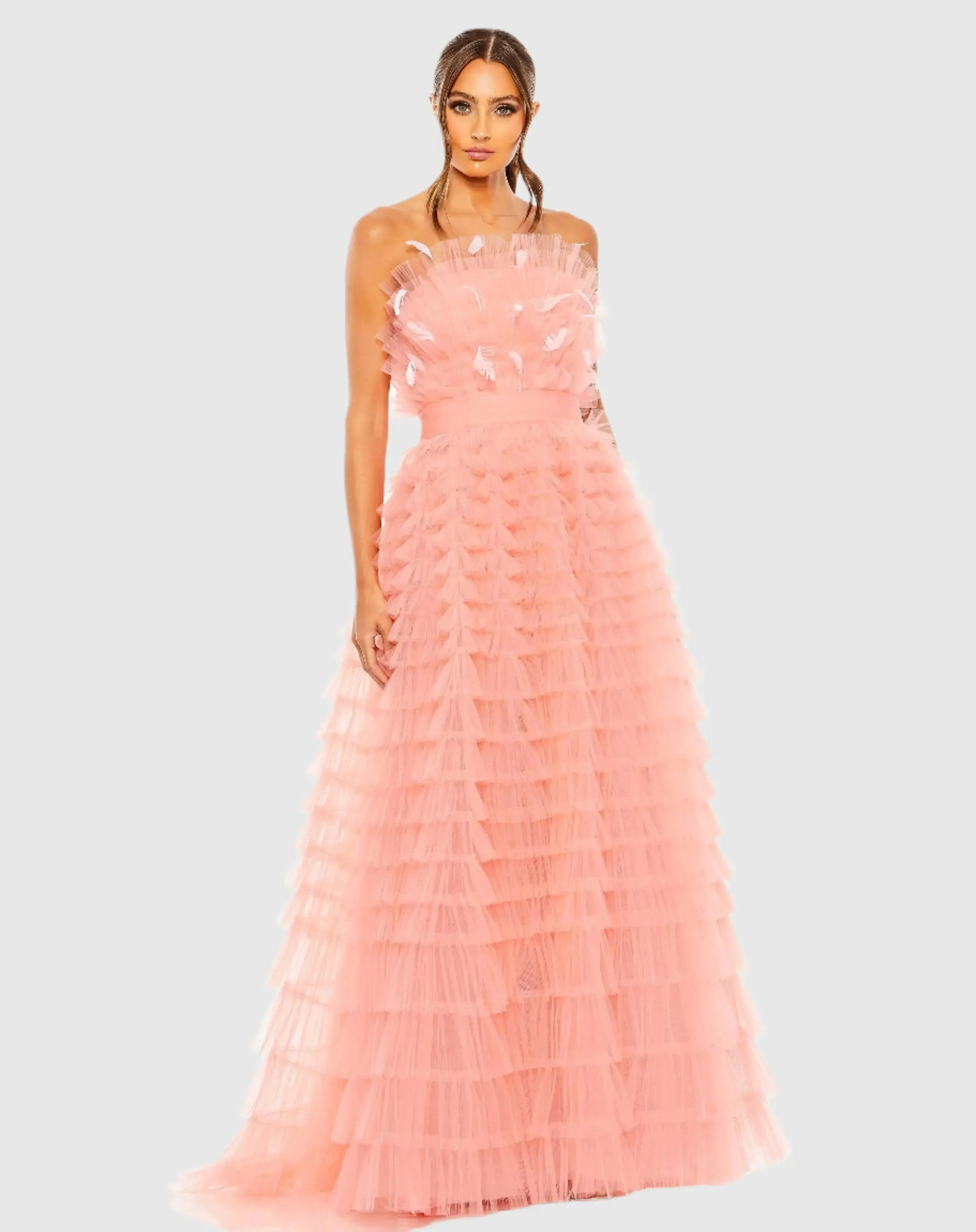 Pink Strapless Ruffle Gown with Feathers - Mac Duggal