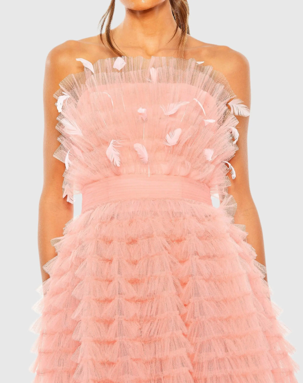 Pink Strapless Ruffle Gown with Feathers - Mac Duggal