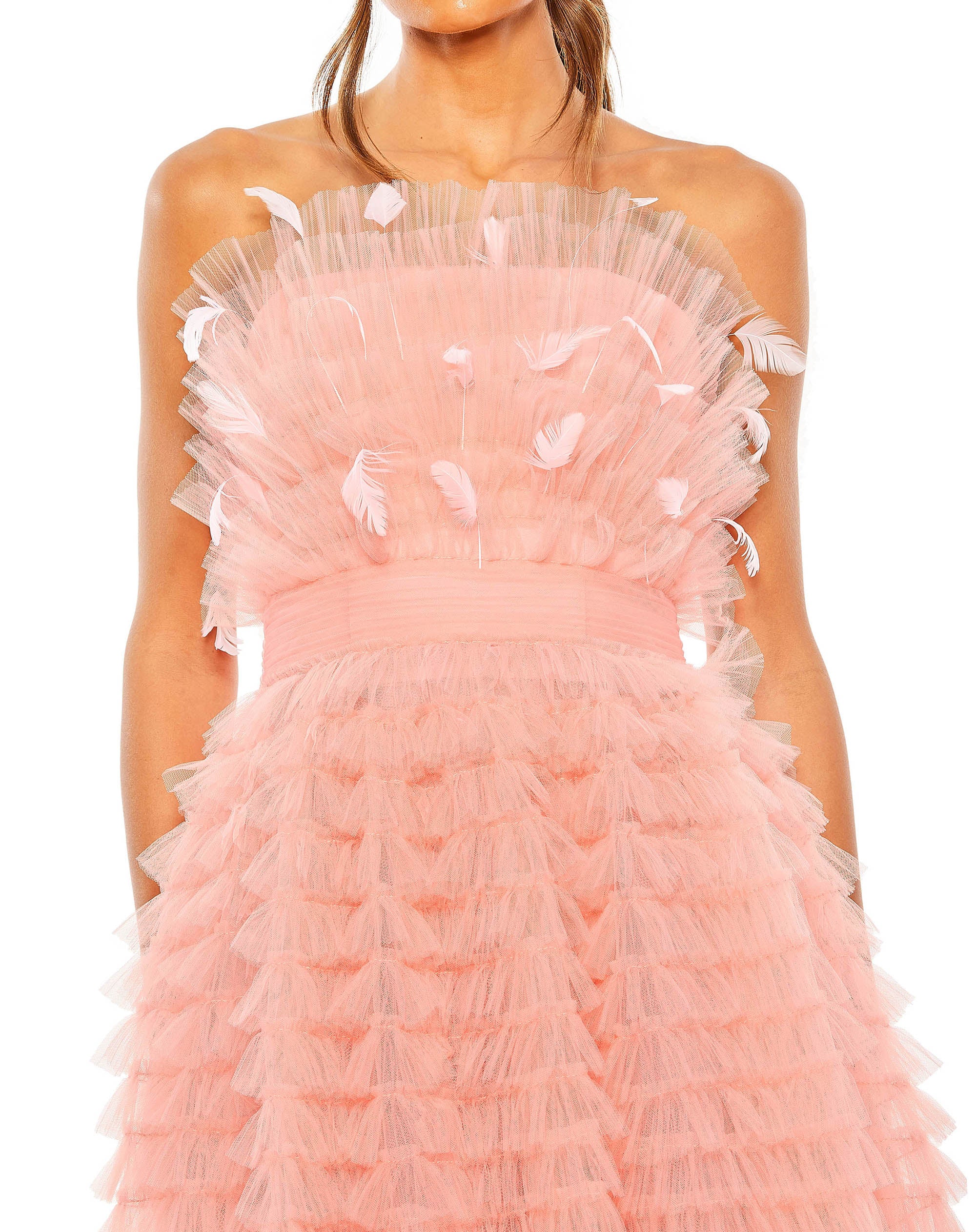 Strapless Ruffle Gown with Feathers