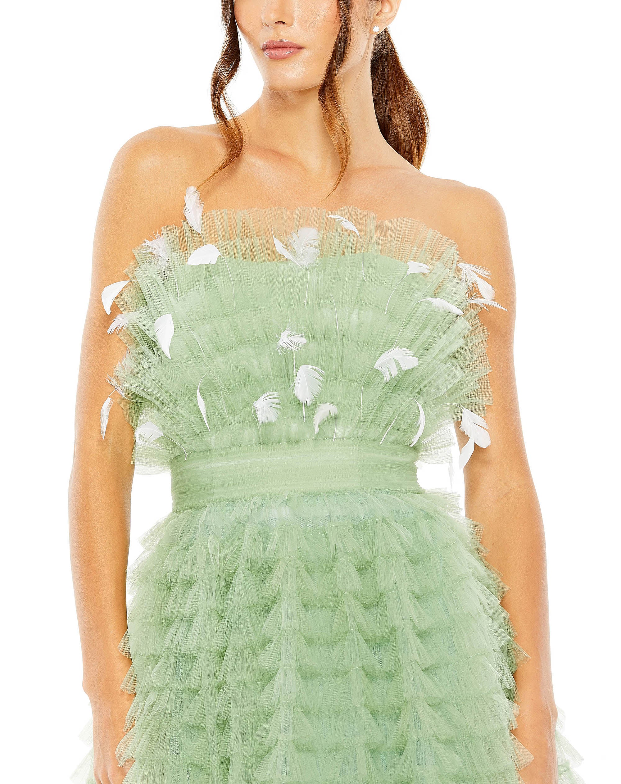 Strapless Ruffle Gown with Feathers
