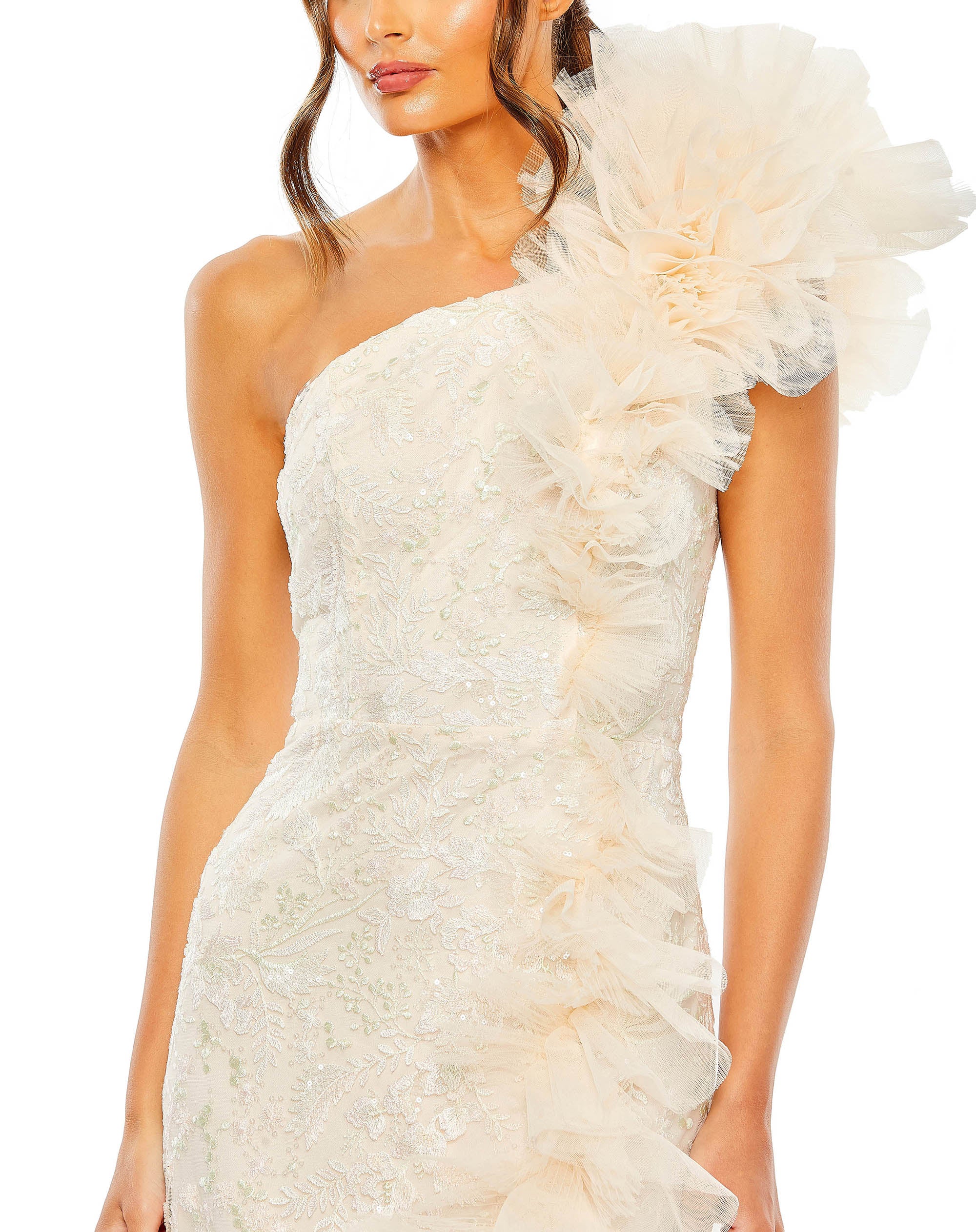 One Shoulder Ruffle High Low Tulle Gown