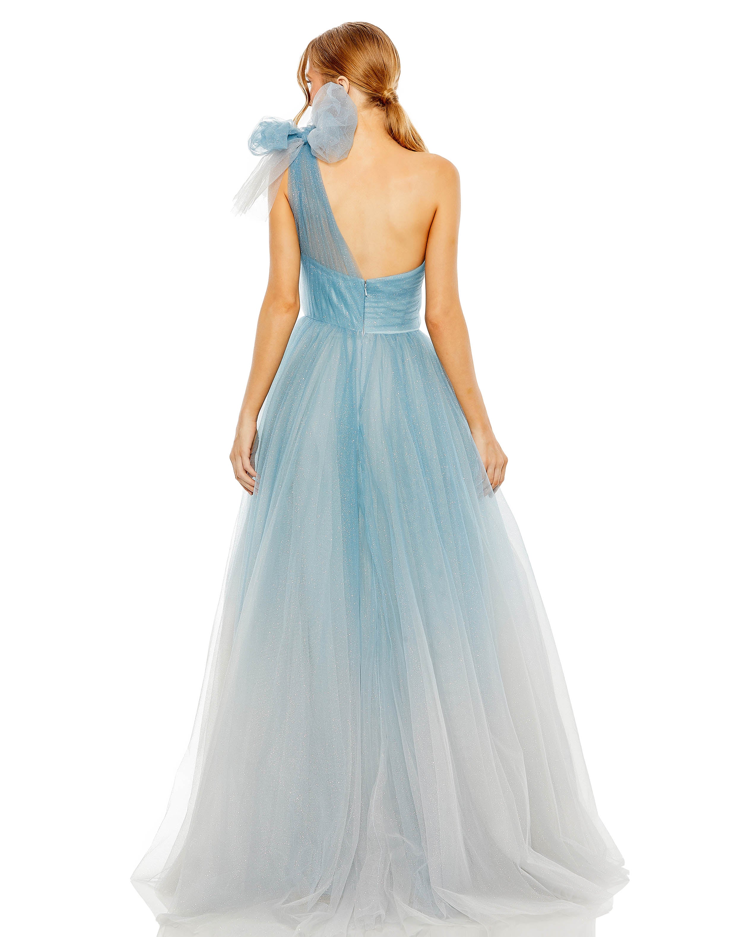 Glitter One-Shoulder Ombre Gown with Bow