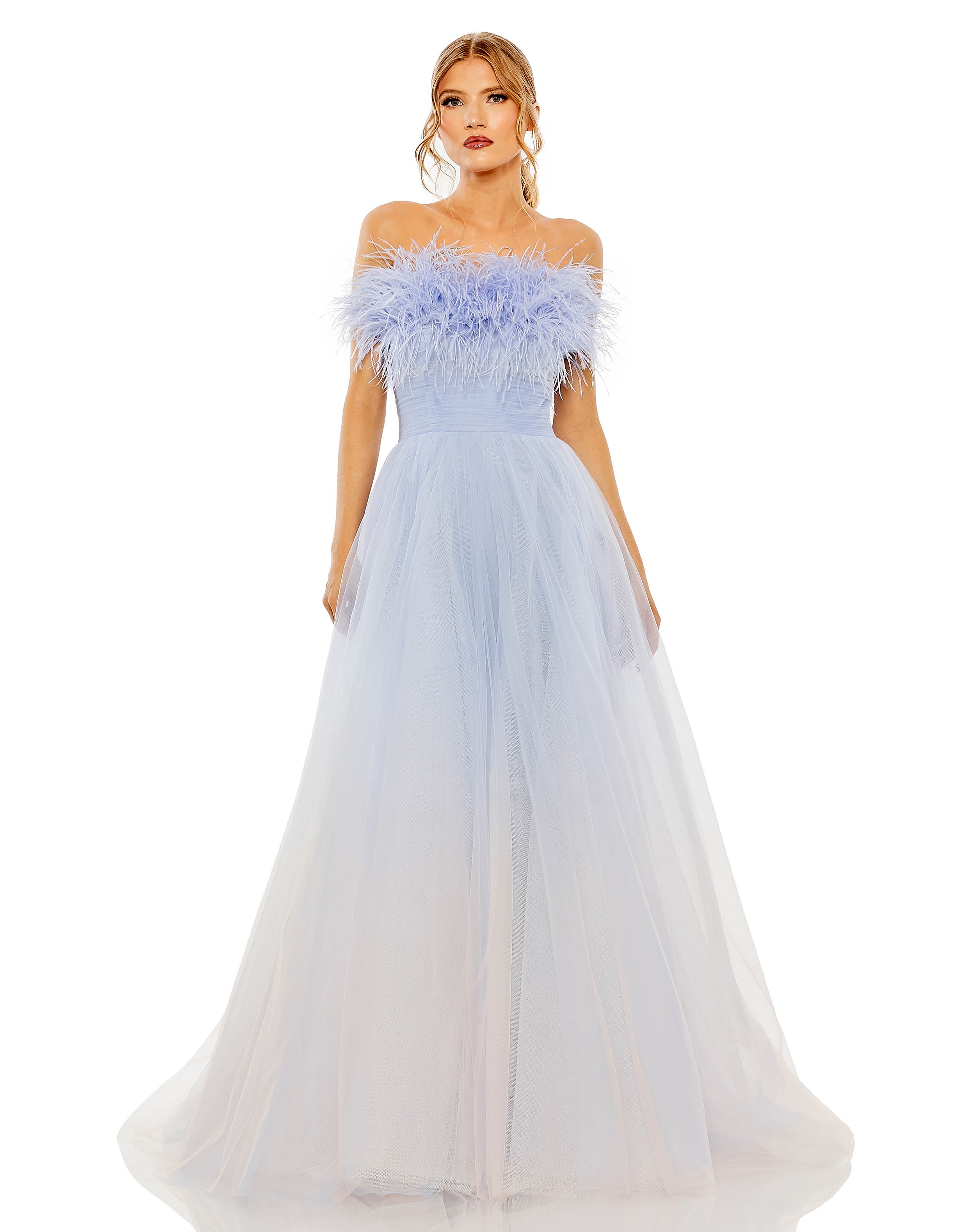 Strapless Feather Hem Tulle Gown
