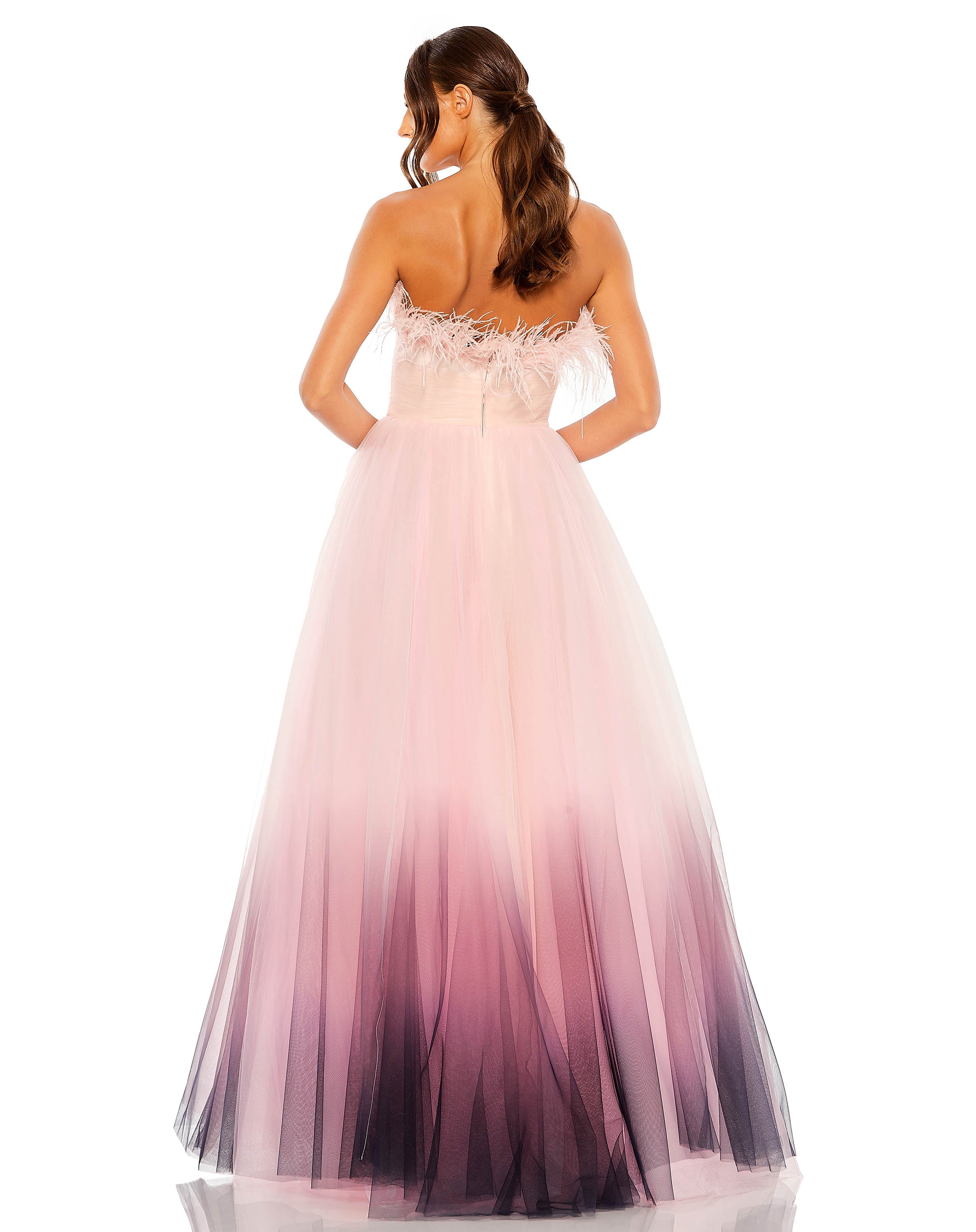 Strapless Feather Bodice Tulle Gown
