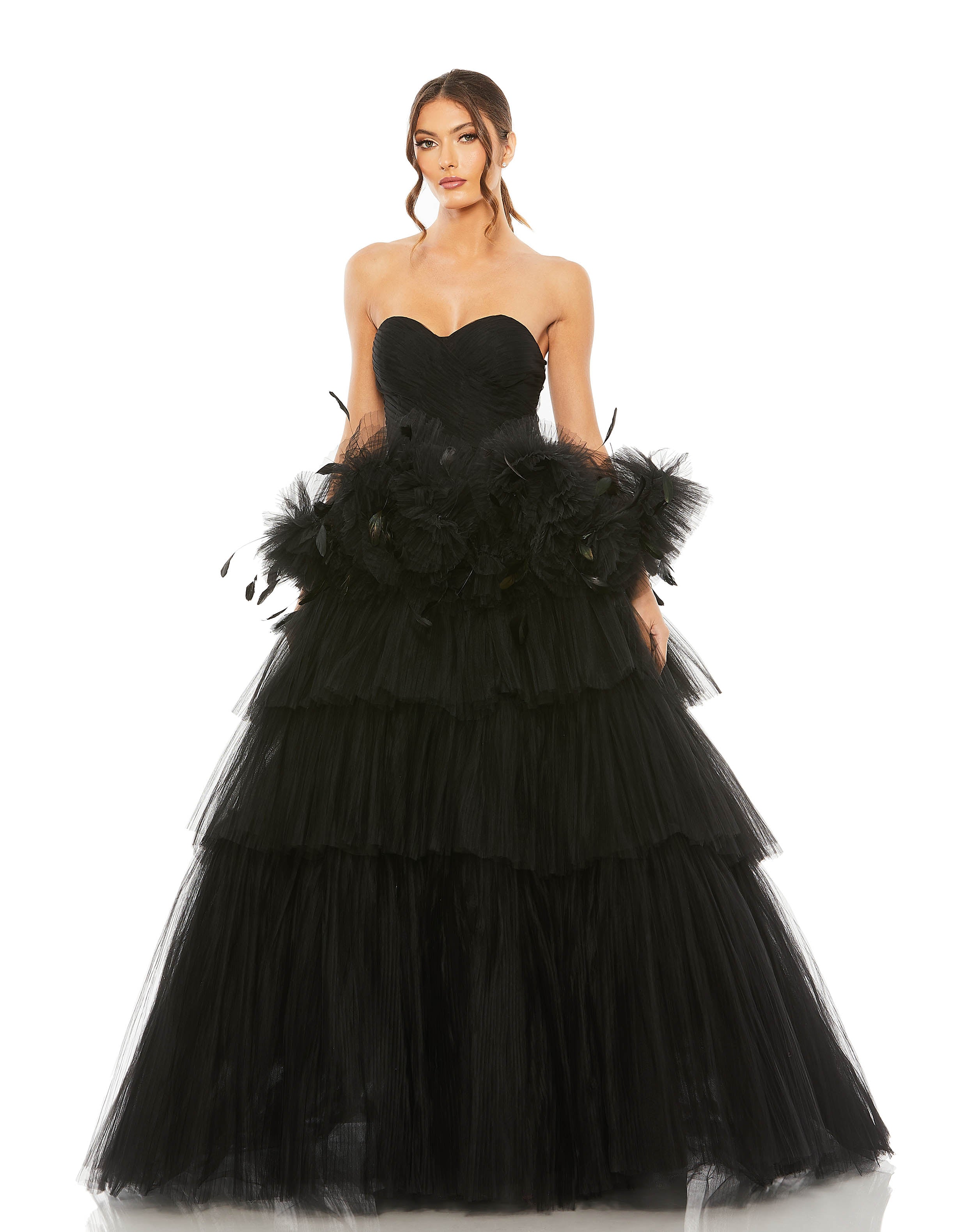 Strapless Tulle Gown with Feather Detail