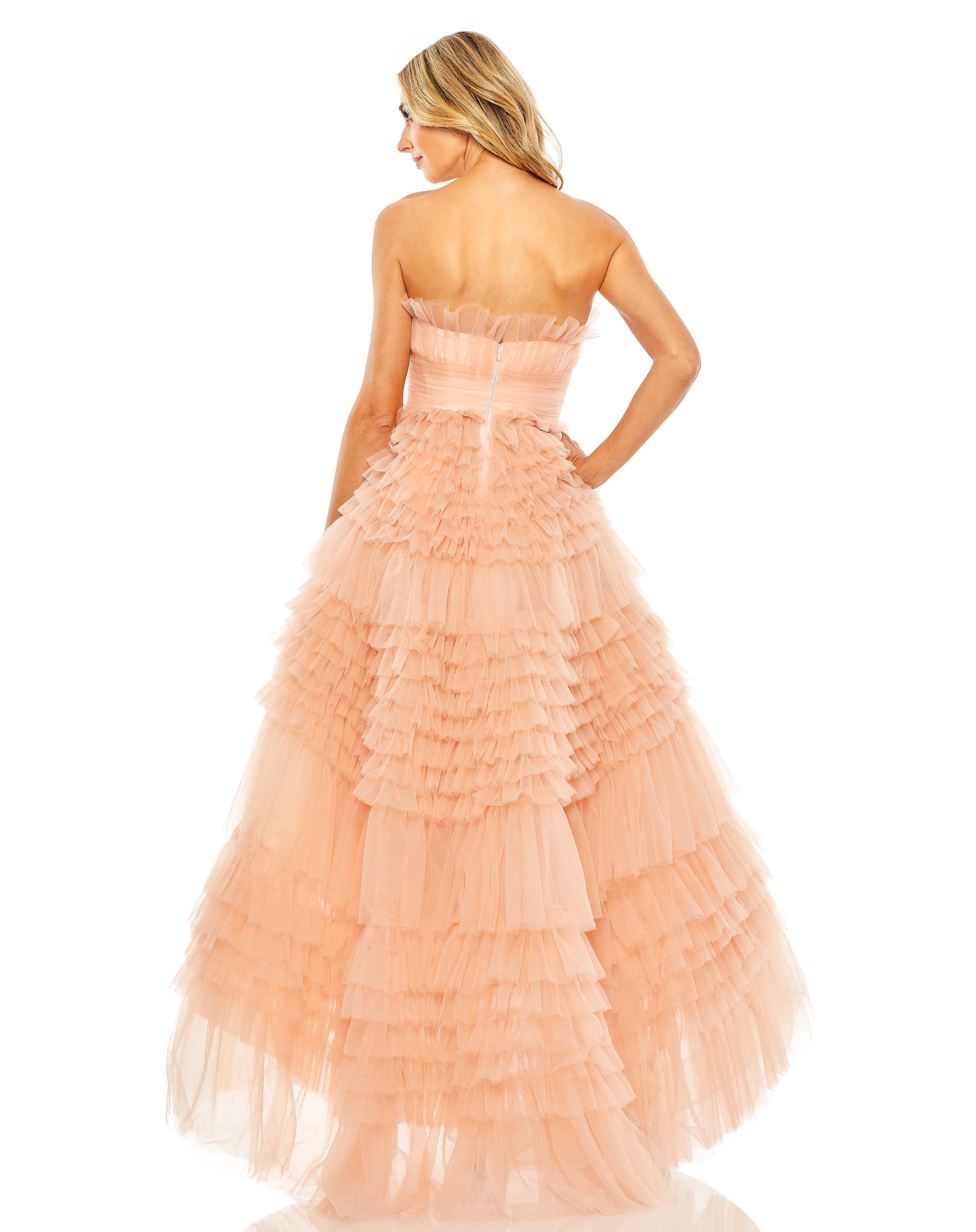 Strapless Tulle Ruffle Gown
