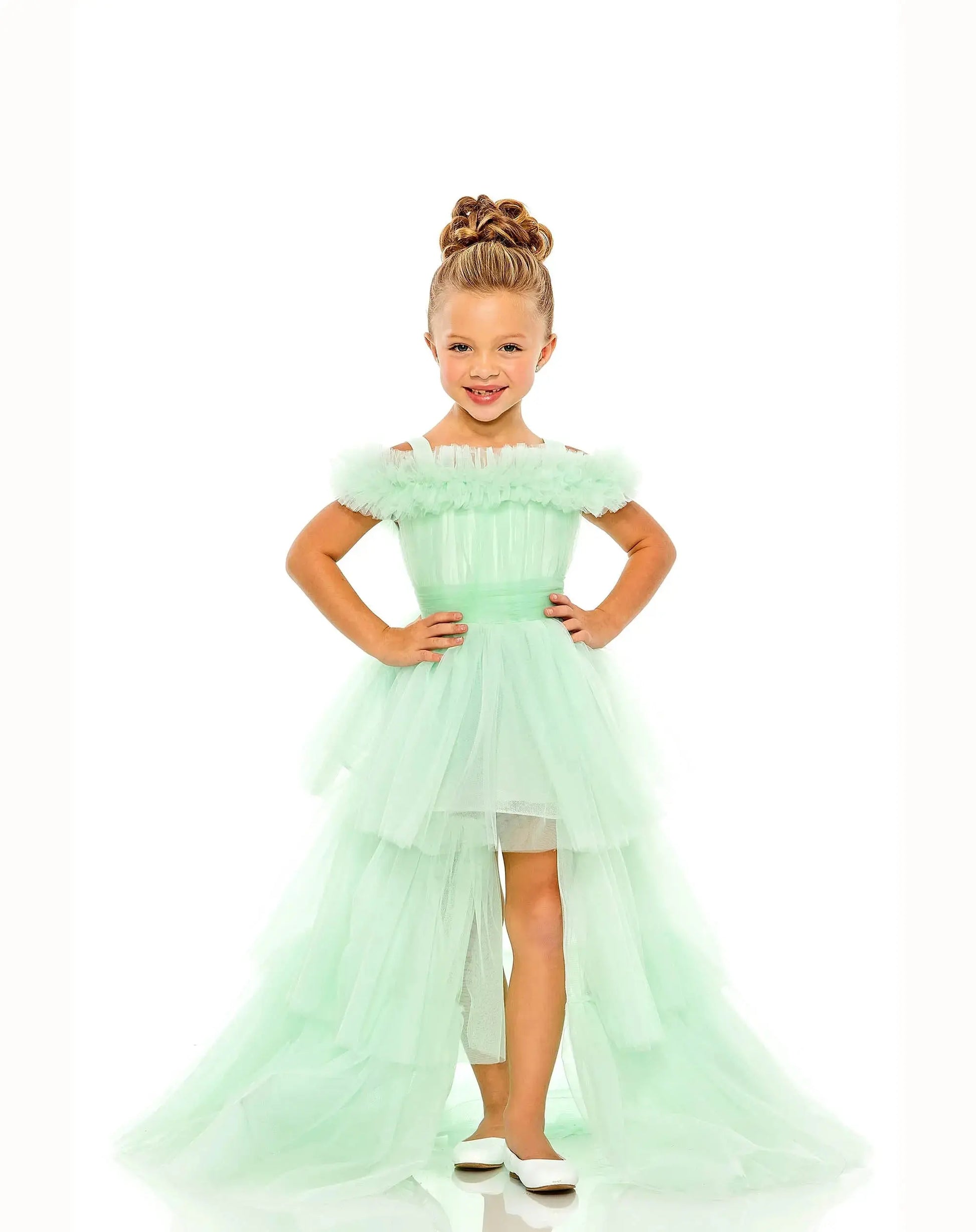 Green Girls Off the Shoulder High Low Tulle Dress - Mac Duggal