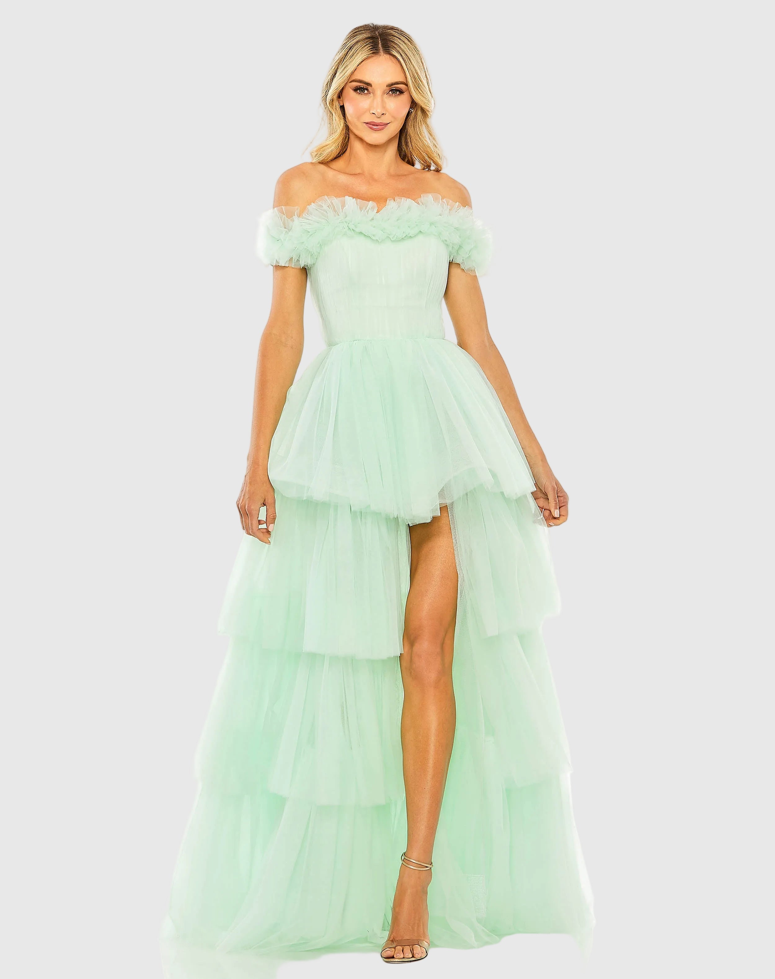 Green Off-the-Shoulder High-Low Tulle Gown - Mac Duggal