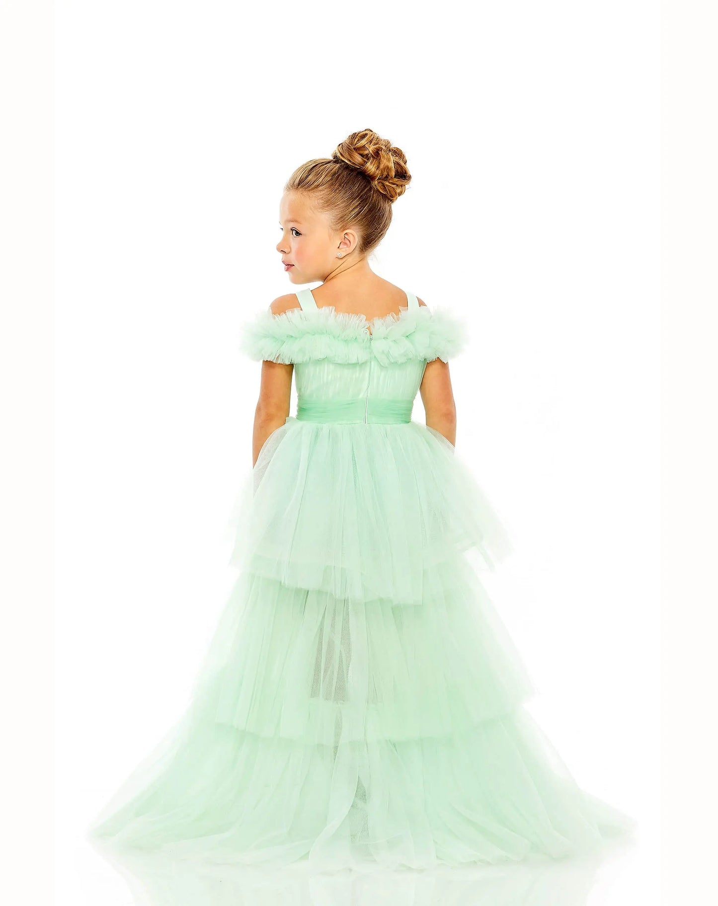 Green Girls Off the Shoulder High Low Tulle Dress - Mac Duggal