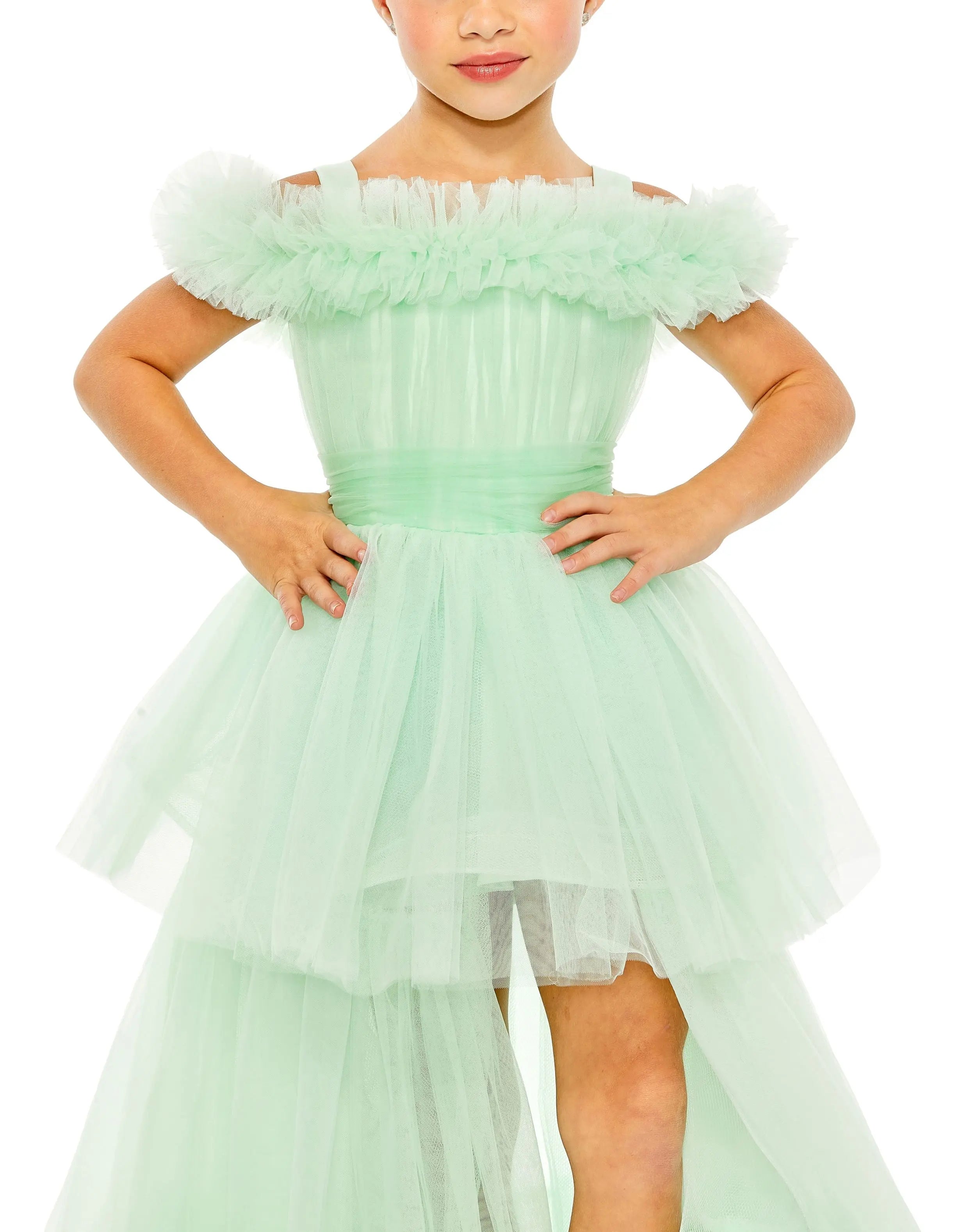 Green Girls Off the Shoulder High Low Tulle Dress - Mac Duggal