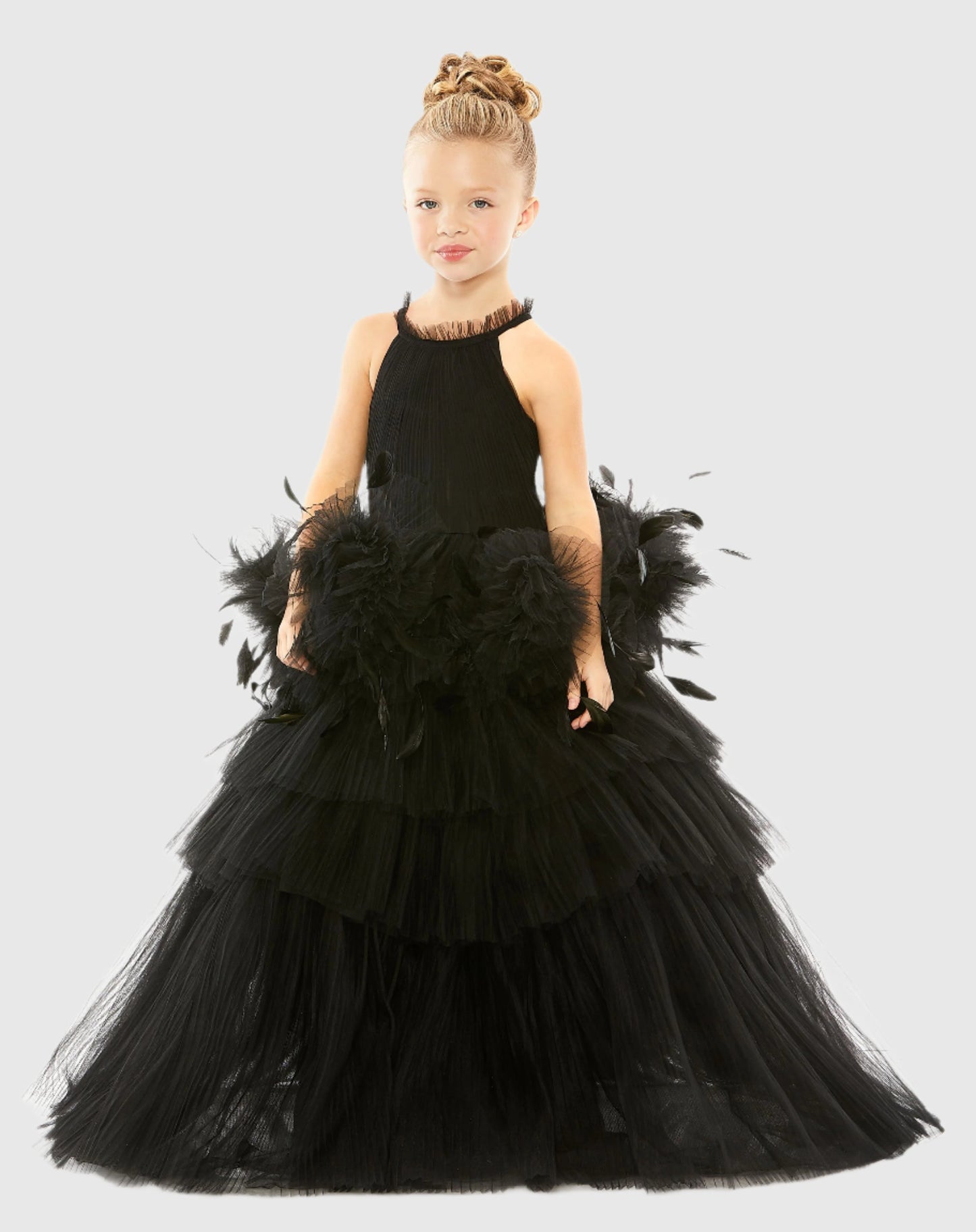 Girls High Neck Tulle Dress with Feather Detail