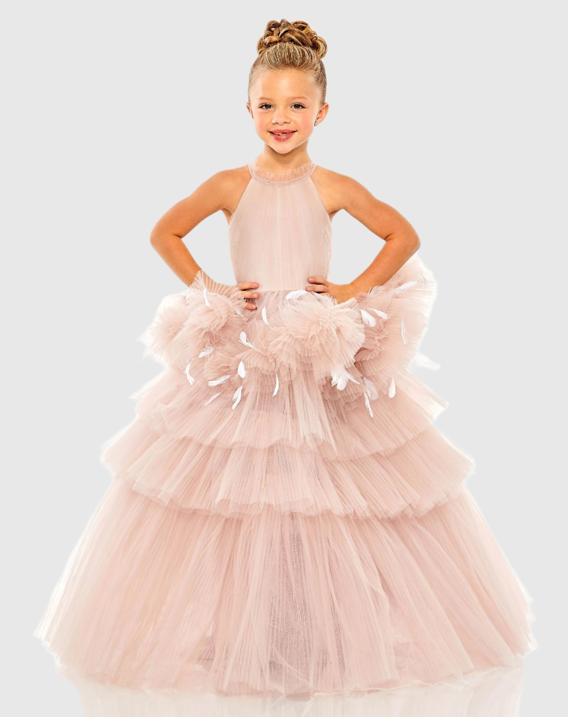 Girls High Neck Tulle Dress with Feather Detail