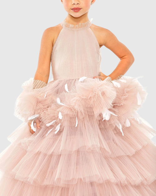 Girls High Neck Tulle Dress with Feather Detail