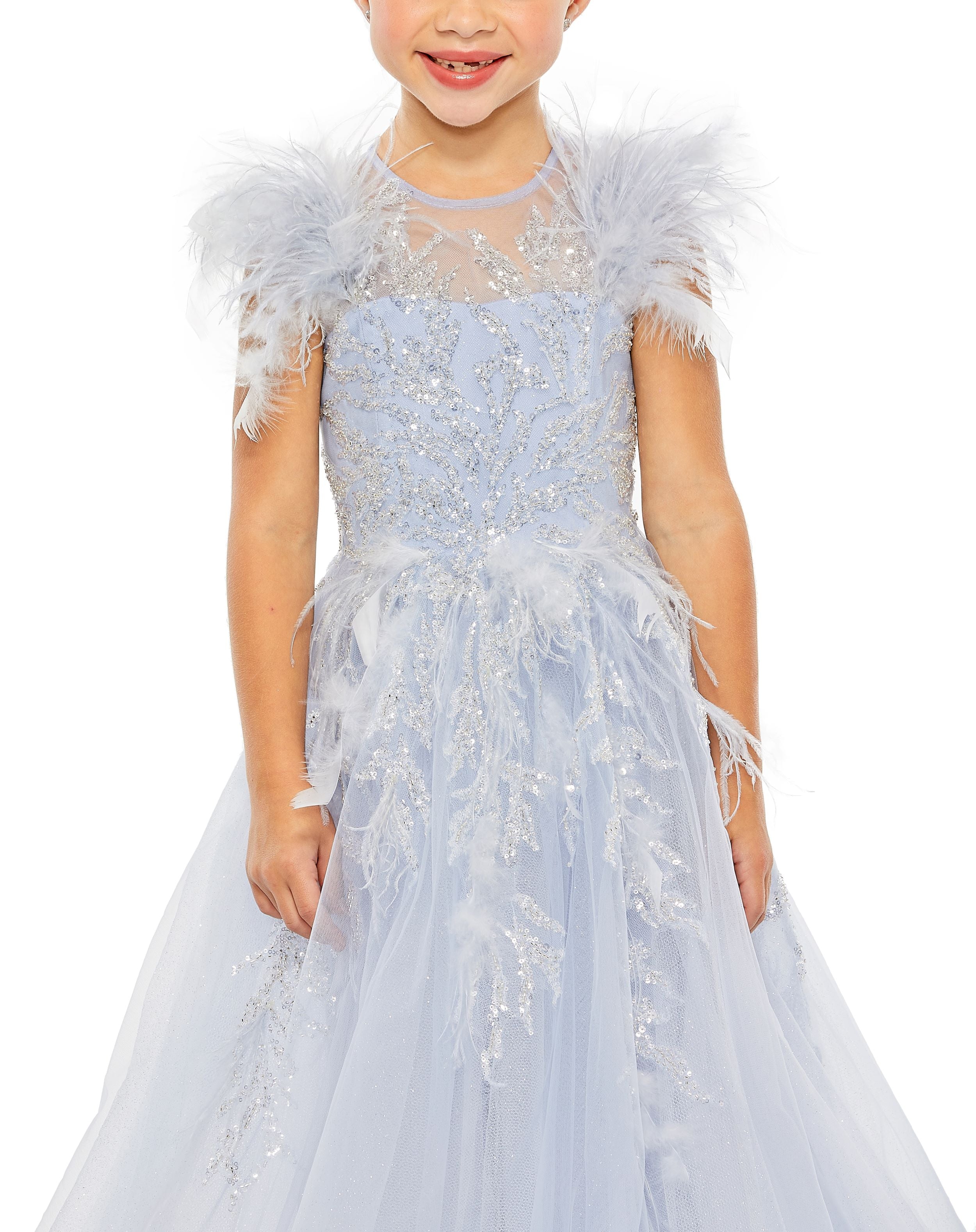 Girls Feather Sleeve Detail Glitter Tulle Dress