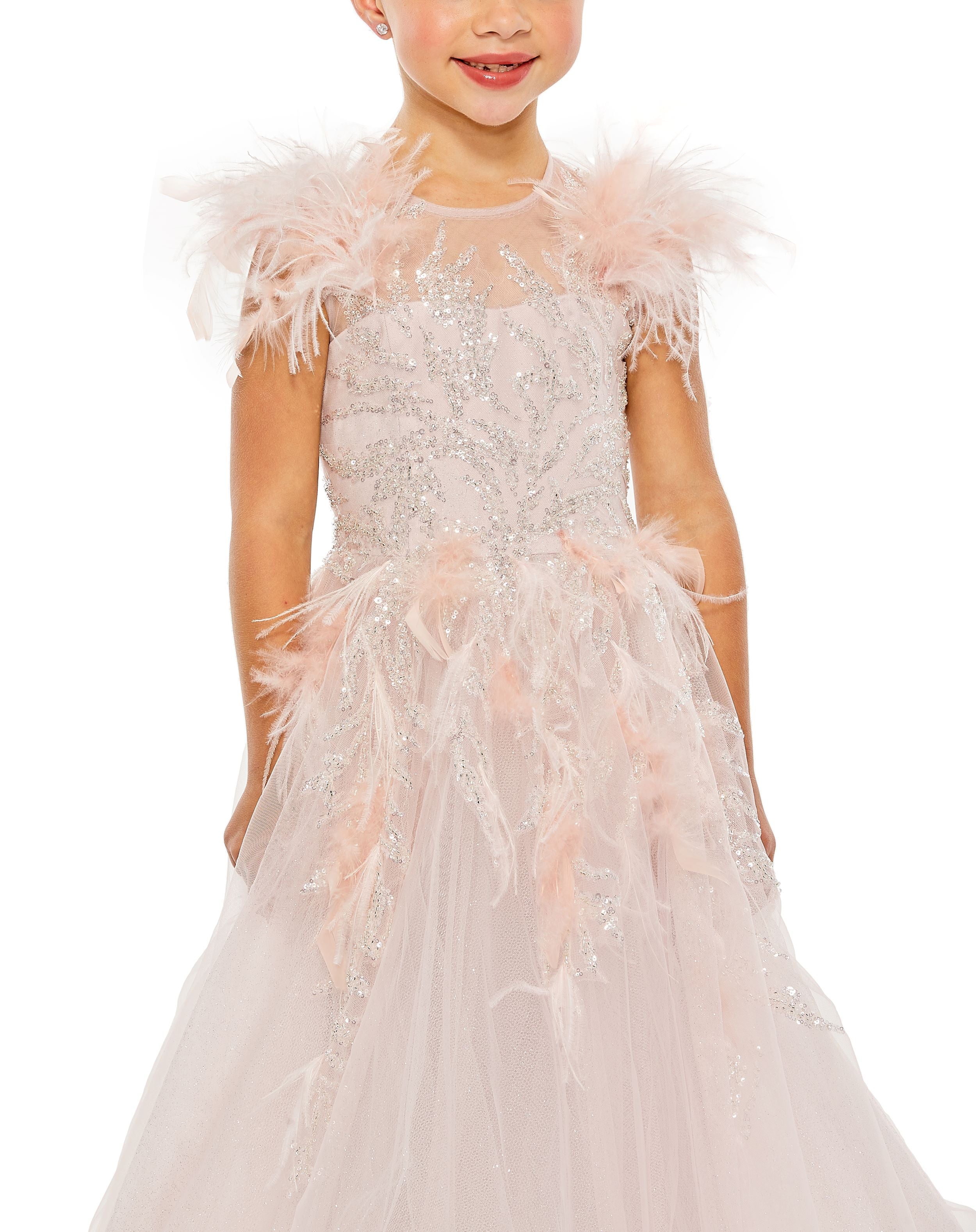 Girls Feather Sleeve Detail Glitter Tulle Dress