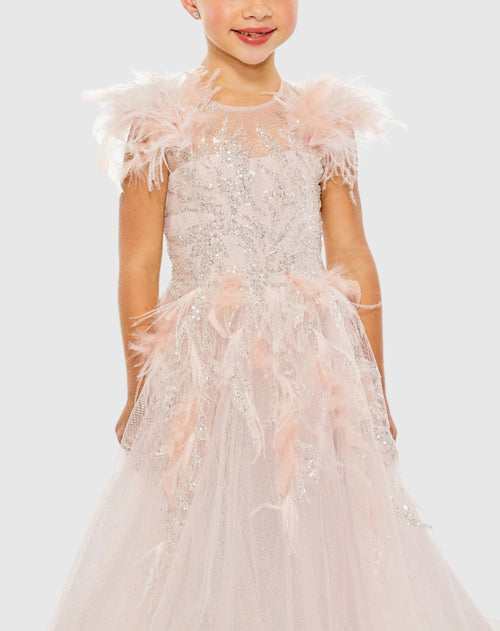 Girls Feather Sleeve Detail Glitter Tulle Dress