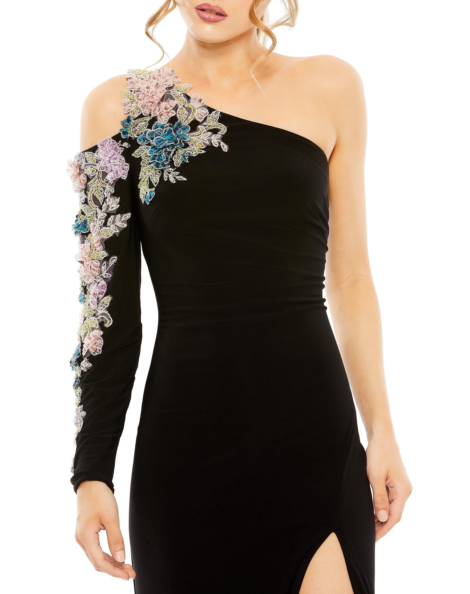 One Shoulder Long Sleeve Floral Embellished Gown
