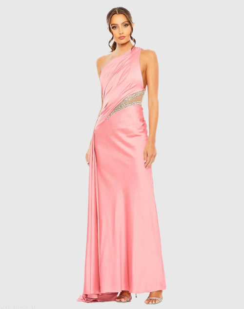 Pink One Shoulder Embellished Satin Gown - Mac Duggal