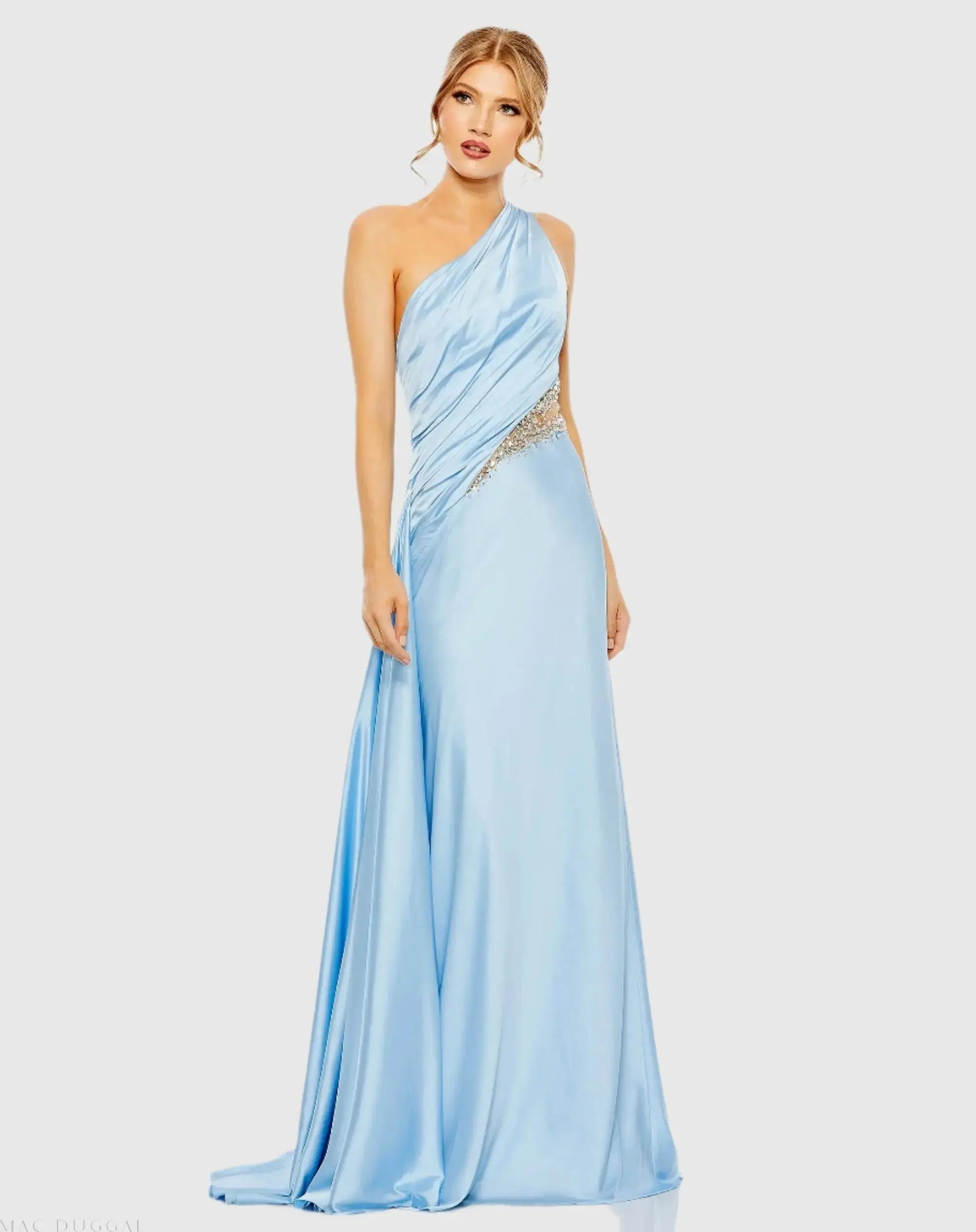 Blue One Shoulder Embellished Satin Gown - Mac Duggal