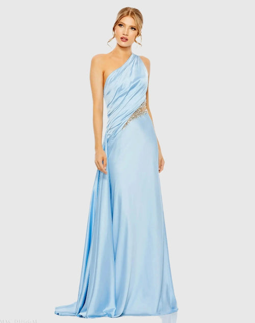 Blue One Shoulder Embellished Satin Gown - Mac Duggal
