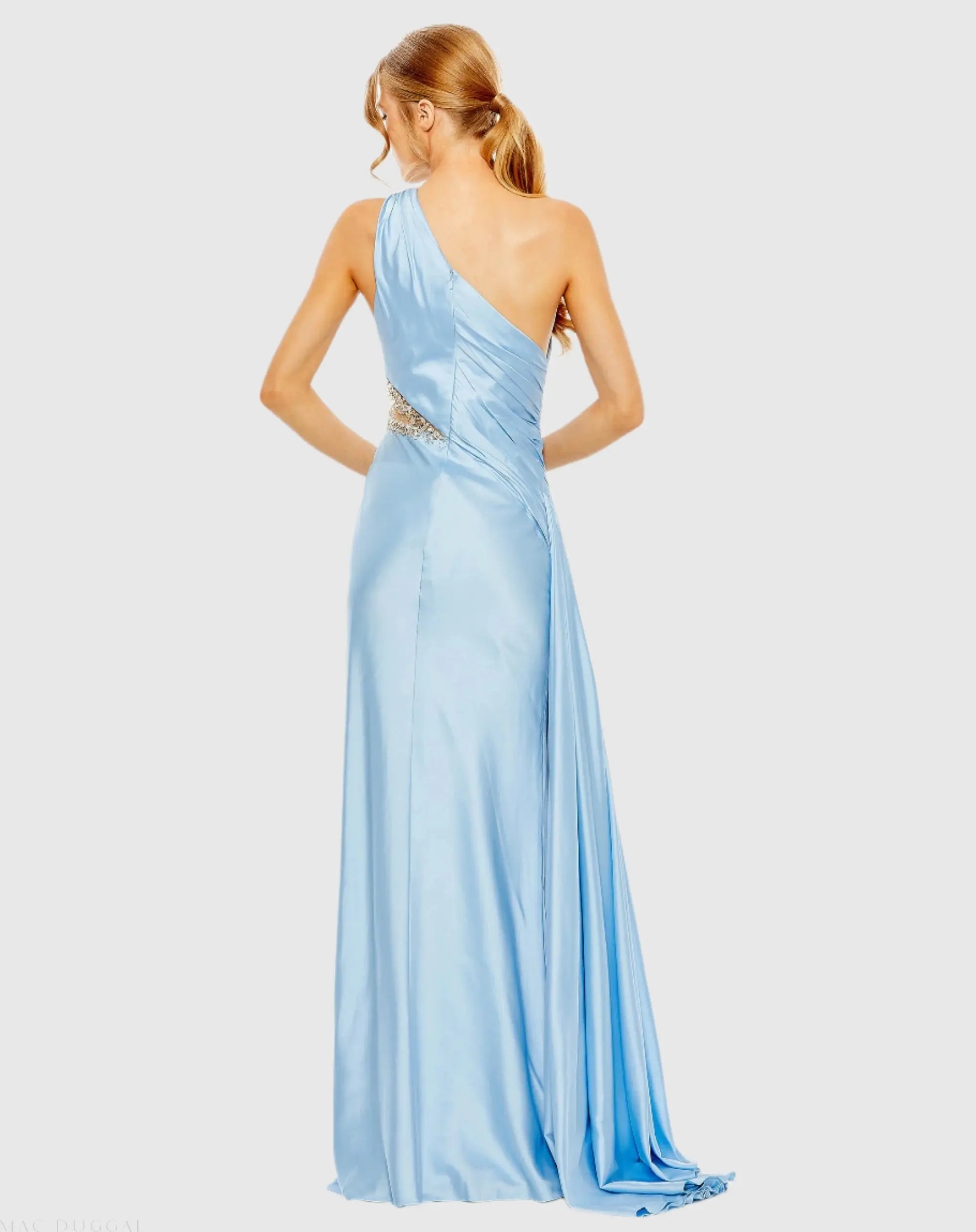 Blue One Shoulder Embellished Satin Gown - Mac Duggal