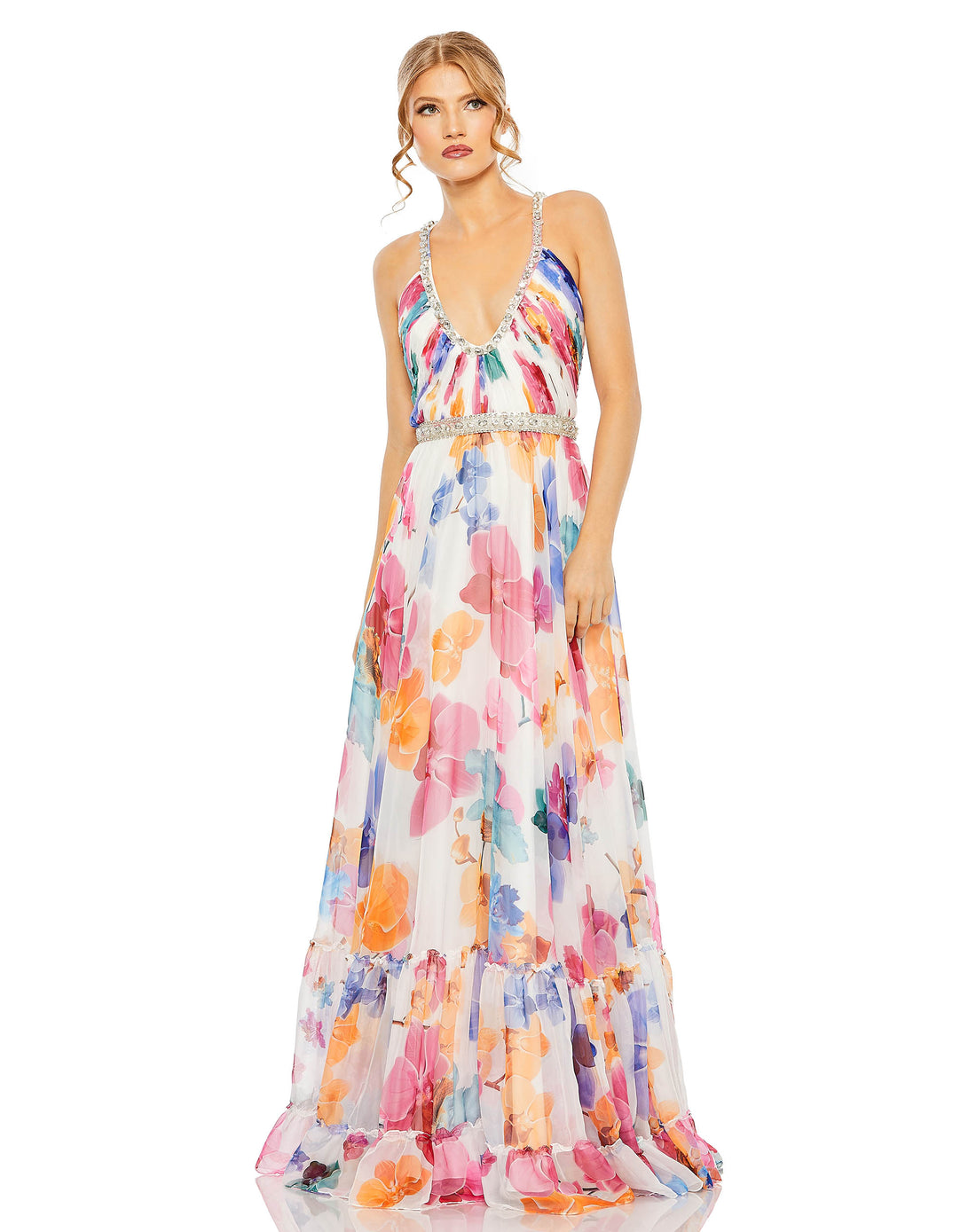 Plunge Neck Embellished A Line Floral Print Gown