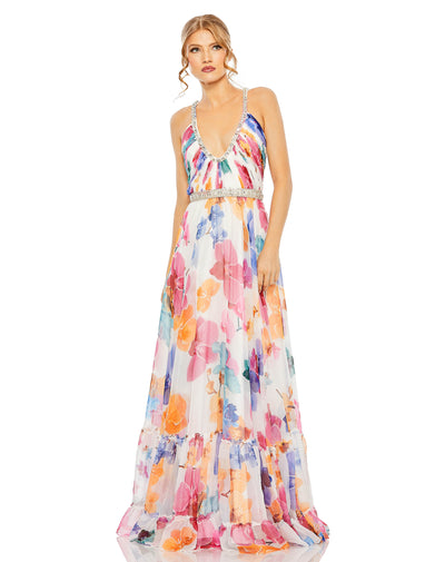 Plunge Neck Embellished A Line Floral Print Dress – Mac Duggal