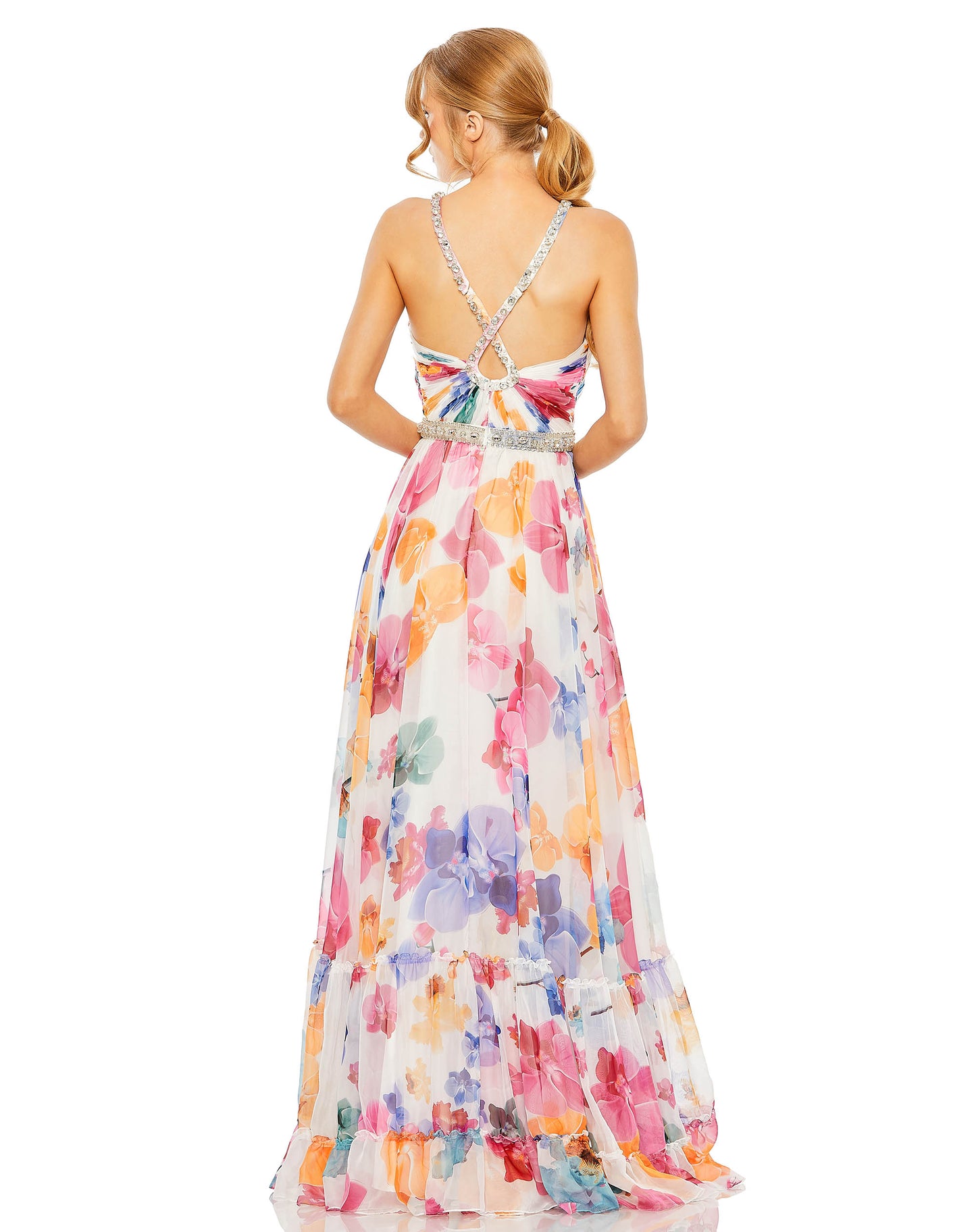 Plunge Neck Embellished A Line Floral Print Gown