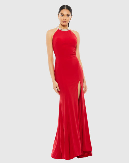 Beaded Halter Jersey Gown